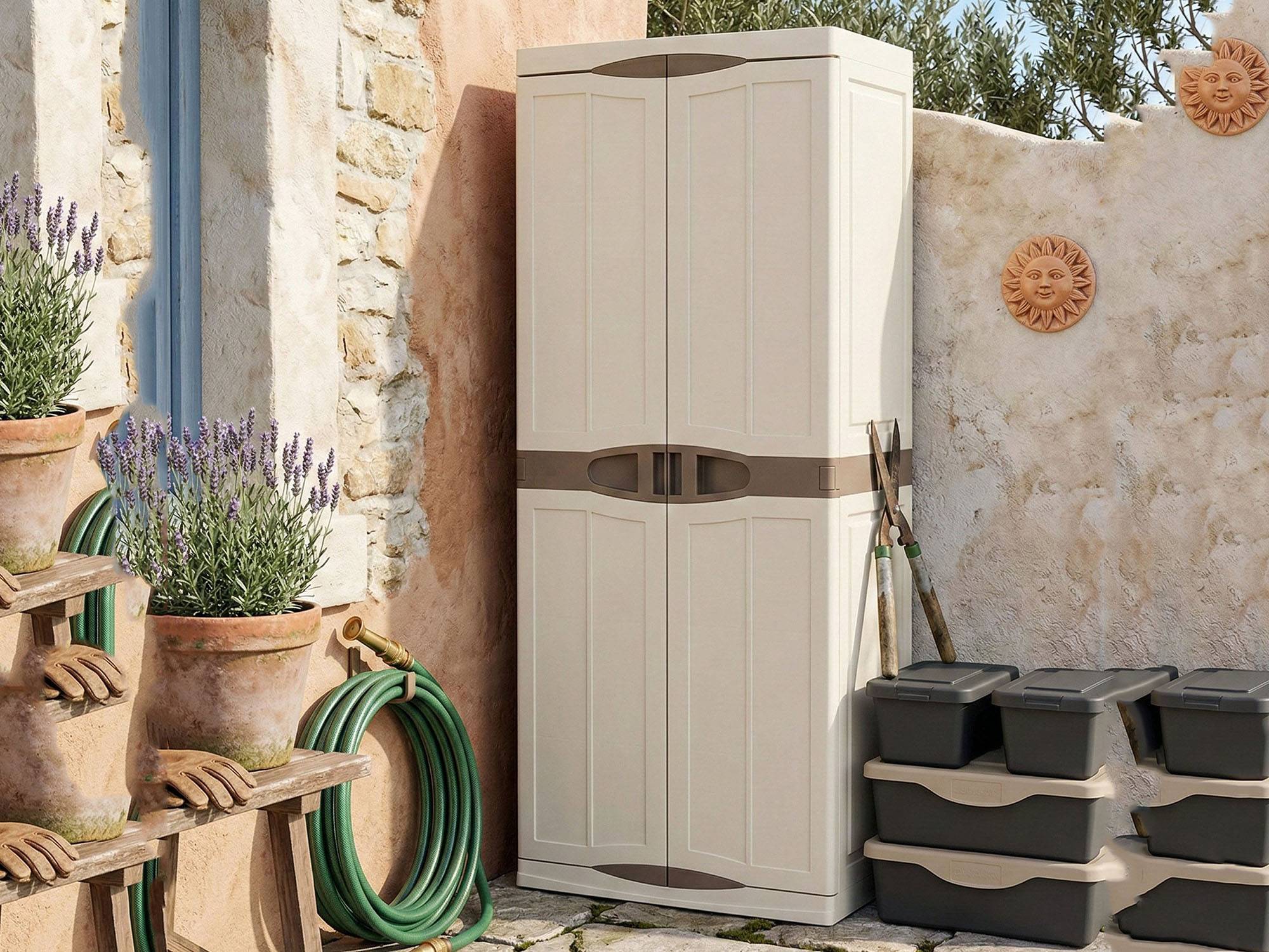 Dmora - Armoire d'extérieur Avelgem, Armoire de balcon polyvalente, Armoire à balais 2 portes, 70x47h178 cm, Beige et Marron, Finition élégante - Dmora - Imagen 5