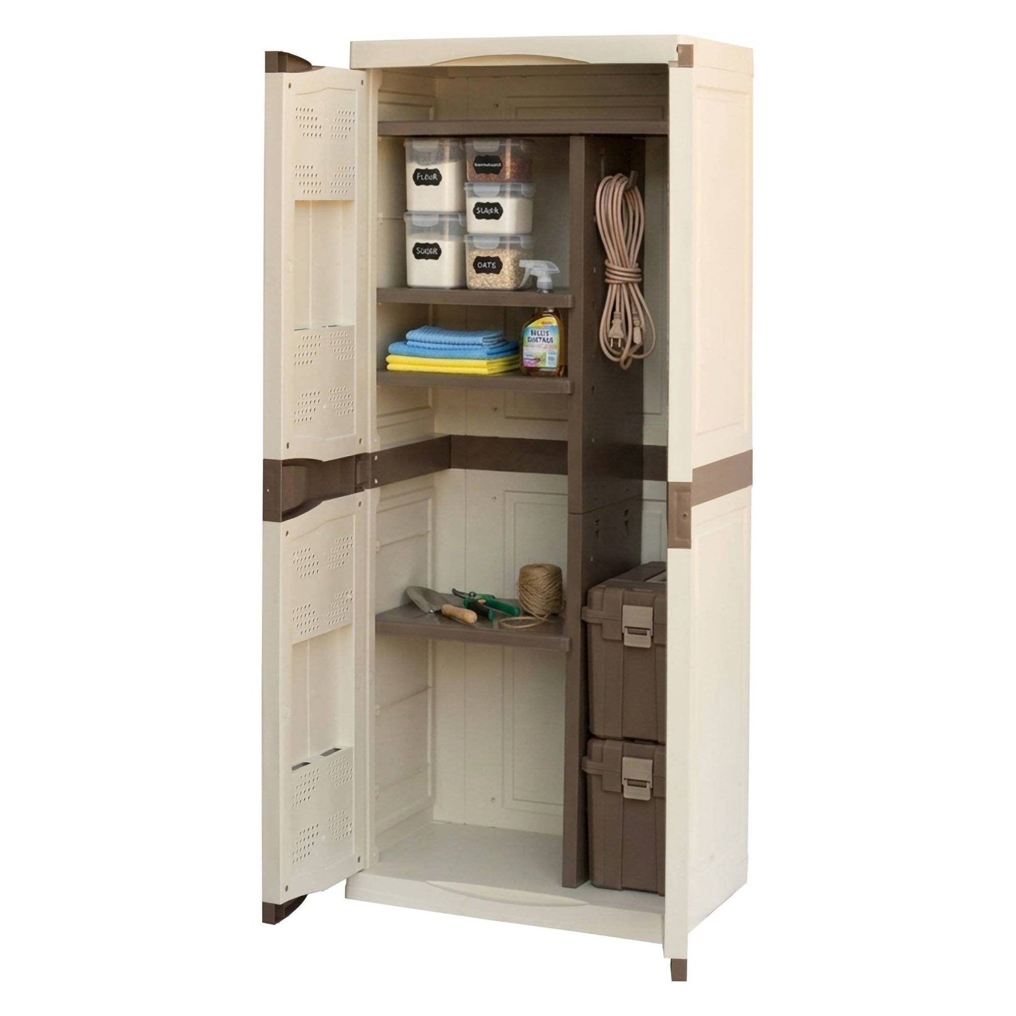 Dmora - Armoire d'extérieur Avelgem, Armoire de balcon polyvalente, Armoire à balais 2 portes, 70x47h178 cm, Beige et Marron, Finition élégante - Dmora - Imagen 1