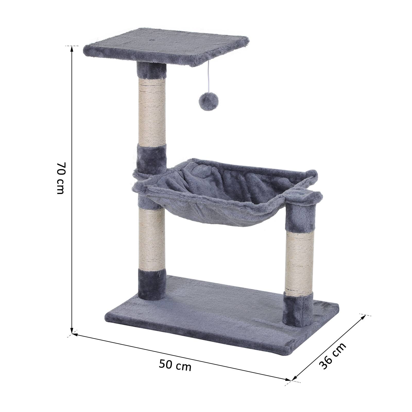 Pawhut - Arbre à chat 3 griffoirs grattoirs sisal naturel plateforme hamac et boule suspendue dim. 50L x 36l x 70H cm peluche haute densité 220 g/m² gris - Imagen 3