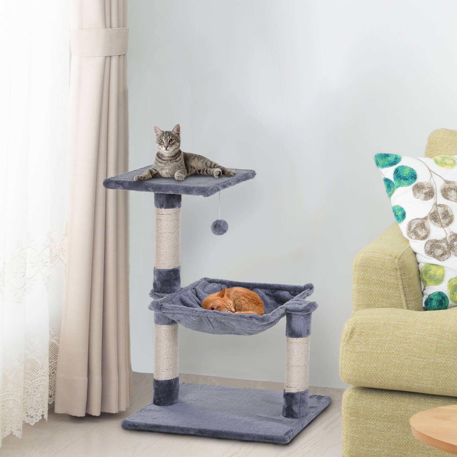 Pawhut - Arbre à chat 3 griffoirs grattoirs sisal naturel plateforme hamac et boule suspendue dim. 50L x 36l x 70H cm peluche haute densité 220 g/m² gris - Imagen 2