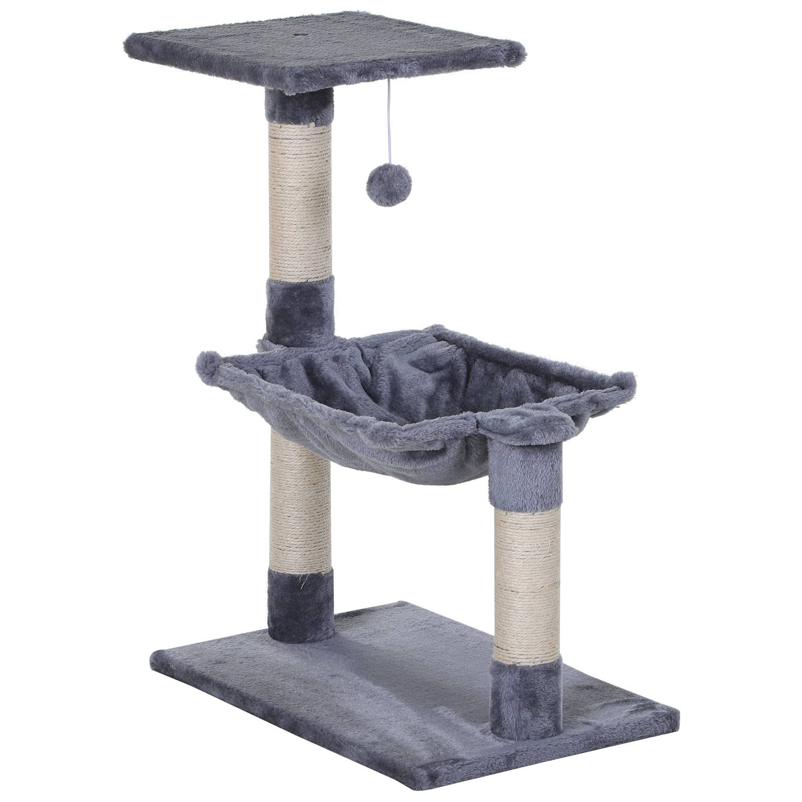 Pawhut - Arbre à chat 3 griffoirs grattoirs sisal naturel plateforme hamac et boule suspendue dim. 50L x 36l x 70H cm peluche haute densité 220 g/m² gris - Imagen 1