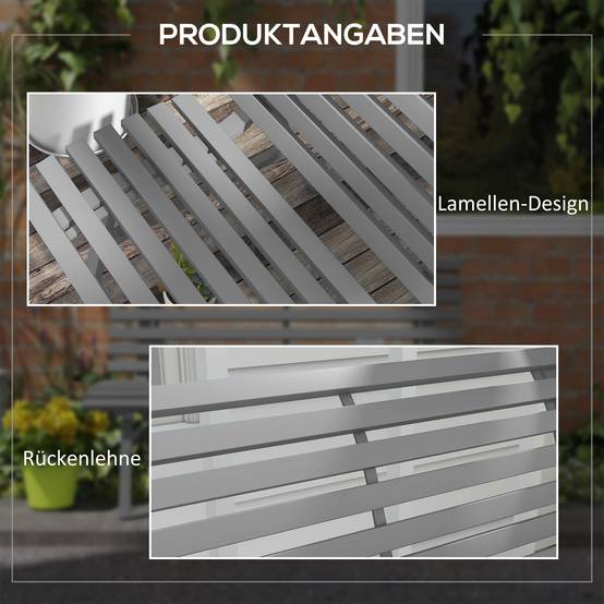 Banc de jardin, banc de parc, design à lattes, résistant aux intempéries, aluminium, 123 x 67 x 79 cm, gris - Image 8