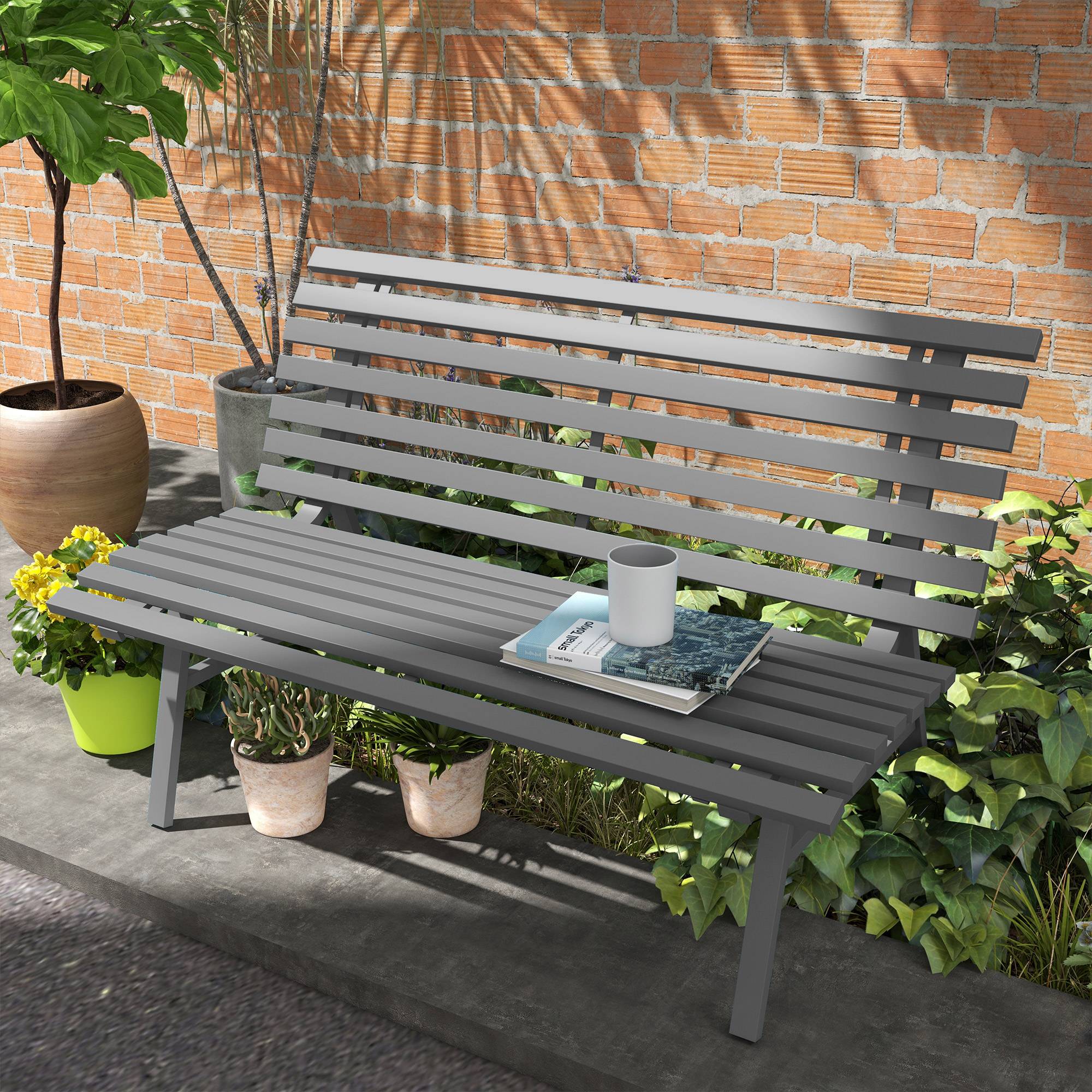 Banc de jardin, banc de parc, design à lattes, résistant aux intempéries, aluminium, 123 x 67 x 79 cm, gris - Image 3