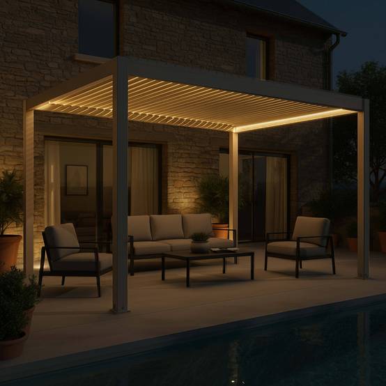 Oviala - Pergola bioclimatique autoportée motorisée et éclairée 3x4 m crème Kavala - Oviala - Image 3