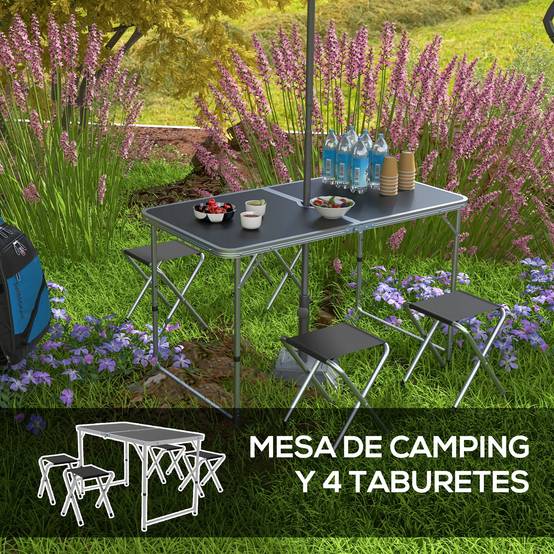 Table de Camping Pliante Style Valise avec 4 Tabourets Pliants, Hauteur Réglable, 120 x 60 x 55-70 cm, Tabourets 33 x 28 x 37 cm, Noir - Image 6
