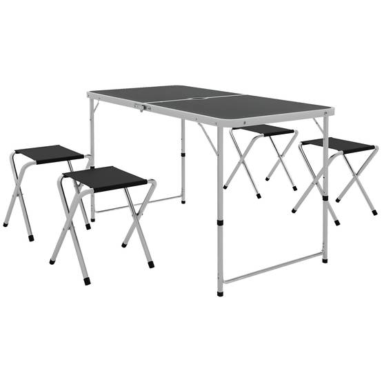 Table de Camping Pliante Style Valise avec 4 Tabourets Pliants, Hauteur Réglable, 120 x 60 x 55-70 cm, Tabourets 33 x 28 x 37 cm, Noir - Image 1