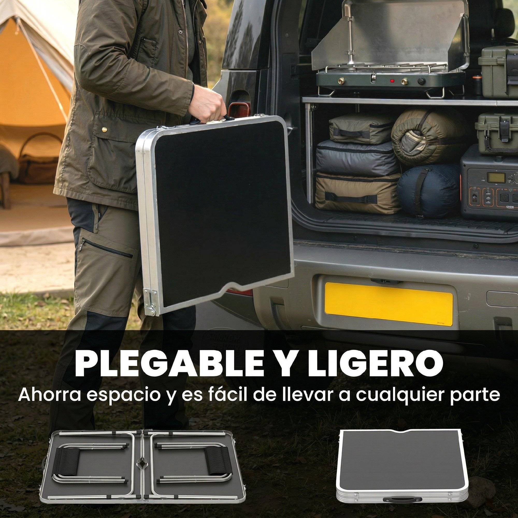 Table de Camping Pliante Style Valise avec 4 Tabourets Pliants, Hauteur Réglable, 120 x 60 x 55-70 cm, Tabourets 33 x 28 x 37 cm, Noir - Image 9