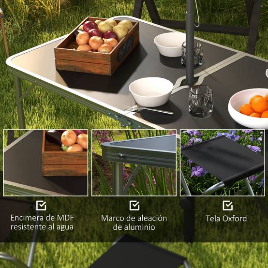 Table de Camping Pliante Style Valise avec 4 Tabourets Pliants, Hauteur Réglable, 120 x 60 x 55-70 cm, Tabourets 33 x 28 x 37 cm, Noir - Image 10