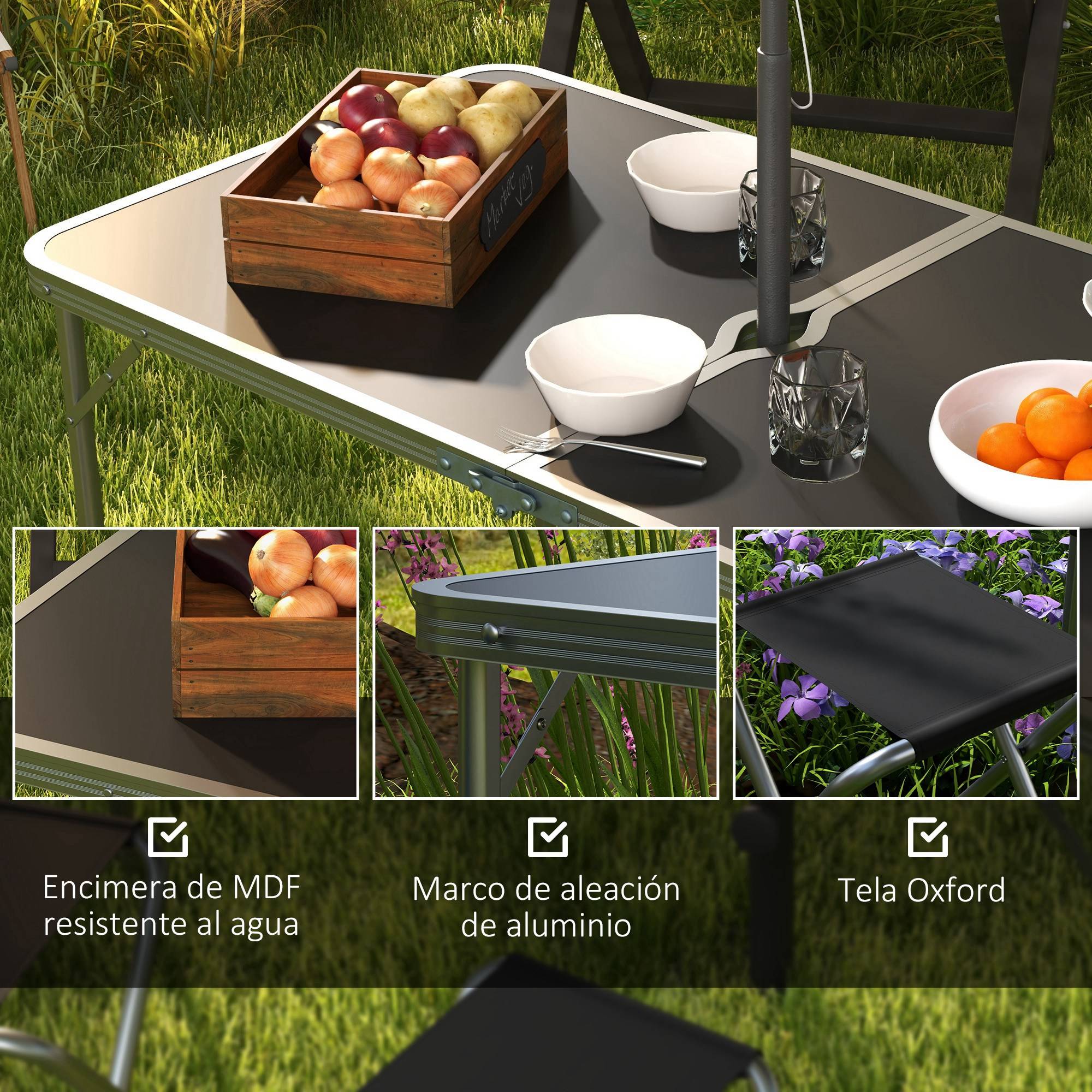 Table de Camping Pliante Style Valise avec 4 Tabourets Pliants, Hauteur Réglable, 120 x 60 x 55-70 cm, Tabourets 33 x 28 x 37 cm, Noir - Image 10