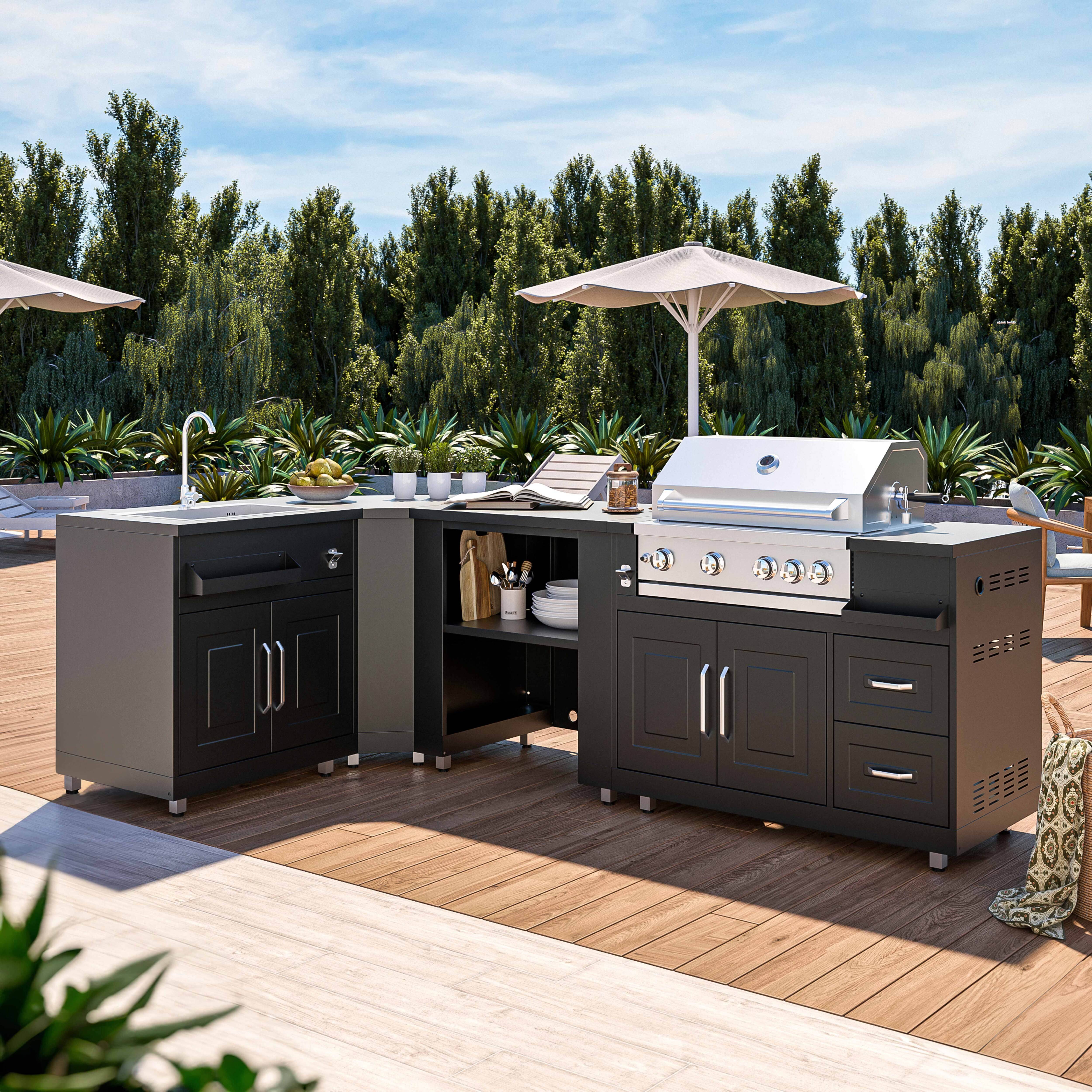 Oviala - Cuisine d'extérieur angle 4 éléments avec évier et barbecue Memphis - Oviala - Imagen 1