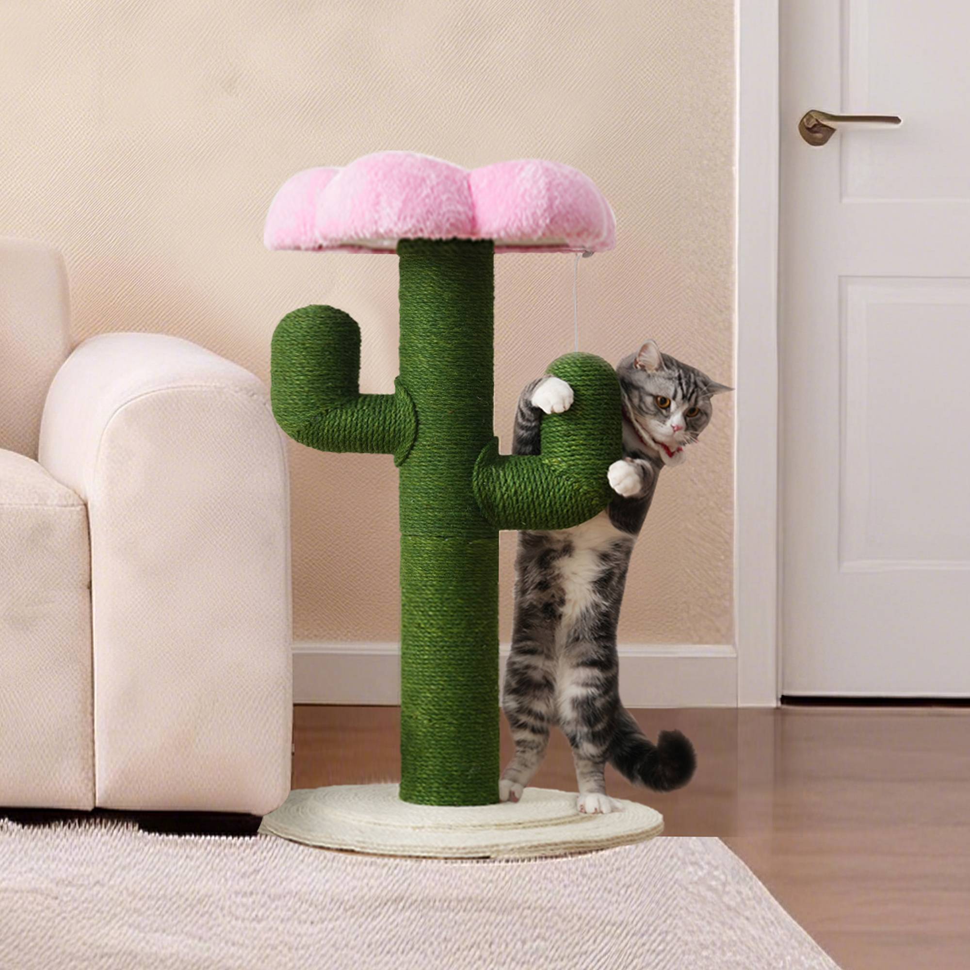 Arbre à chat en forme de cactus – 90 cm avec colonnes en sisal épaisses et protection contre les basculements, design vert - PANGIVO - Image 1