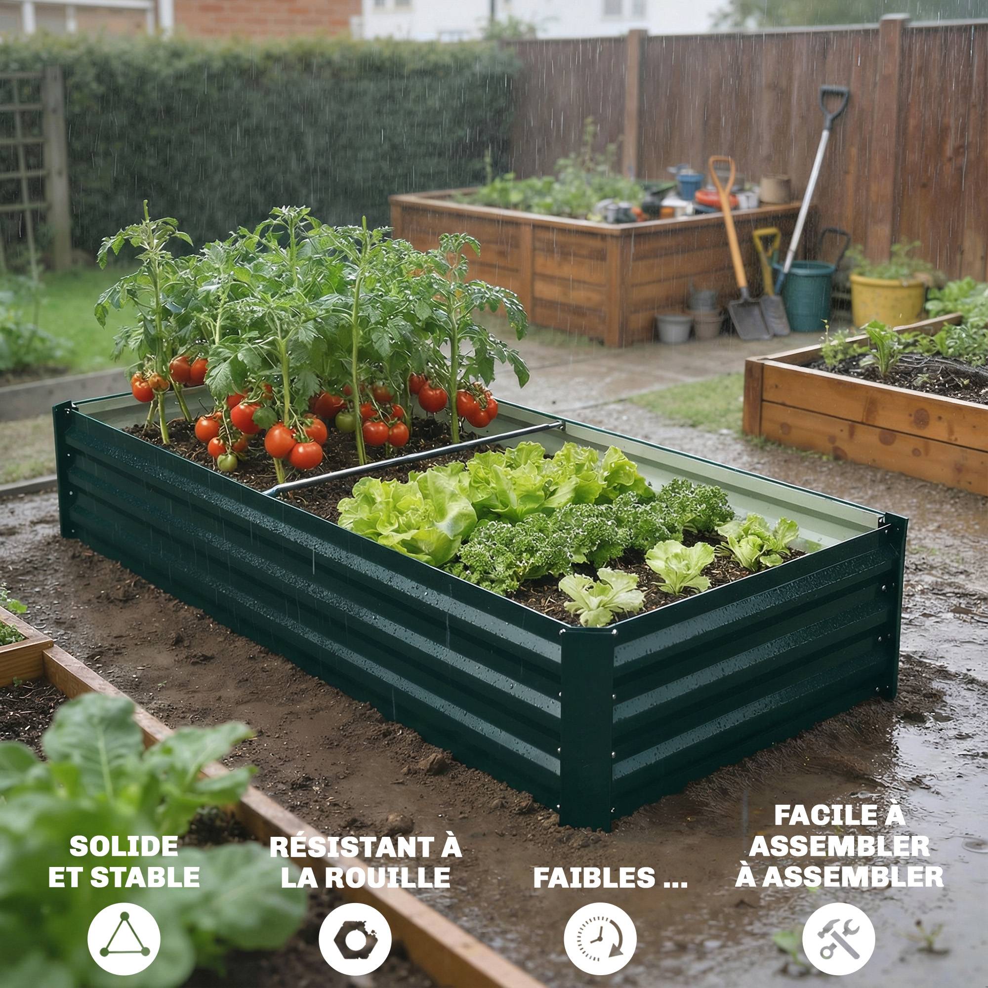 Jardinière rectangulaire potager de jardin en acier galvanisé bordure de sécurité et fond ouvert 150x70x30cm vert - Image 9