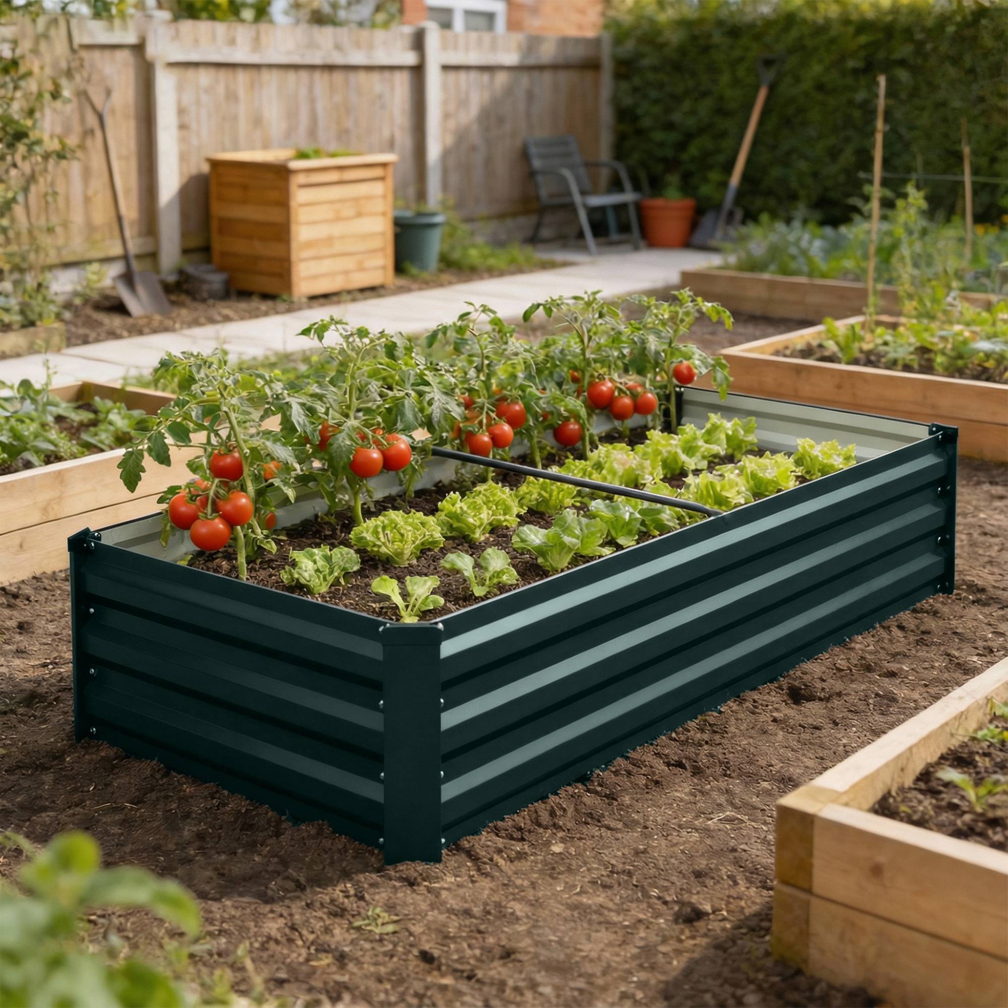 Jardinière rectangulaire potager de jardin en acier galvanisé bordure de sécurité et fond ouvert 150x70x30cm vert - Image 3