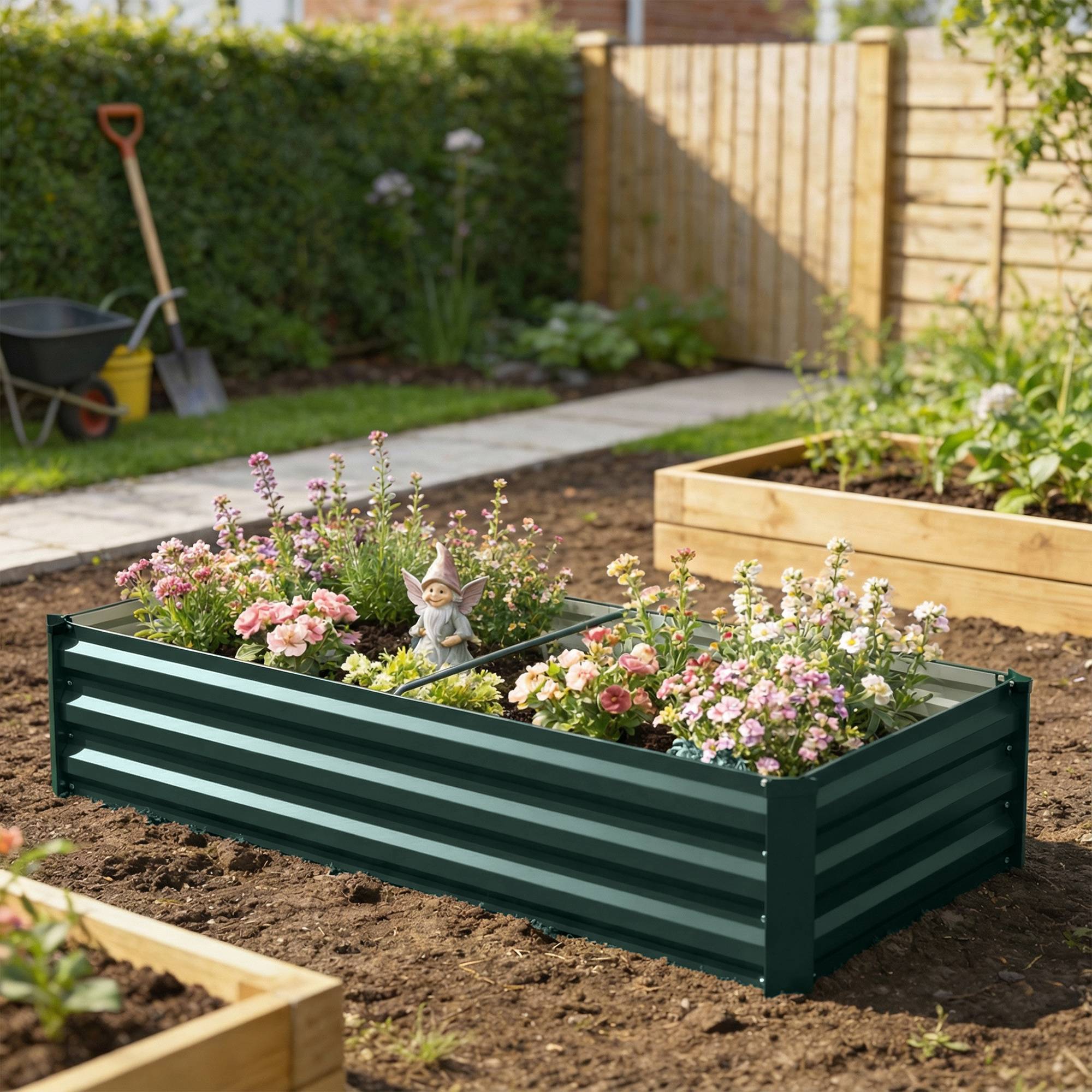Jardinière rectangulaire potager de jardin en acier galvanisé bordure de sécurité et fond ouvert 150x70x30cm vert - Image 4