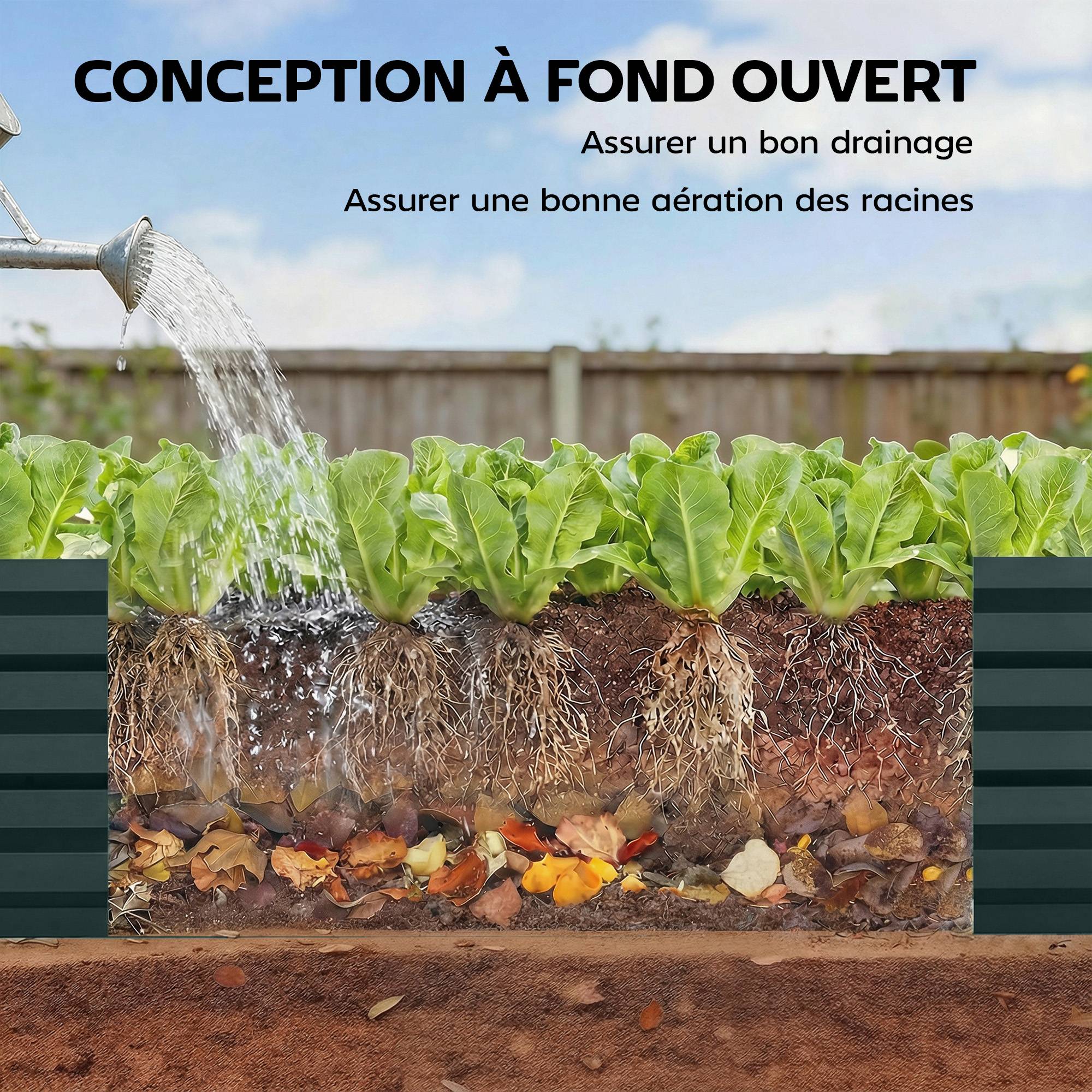 Jardinière rectangulaire potager de jardin en acier galvanisé bordure de sécurité et fond ouvert 150x70x30cm vert - Image 7