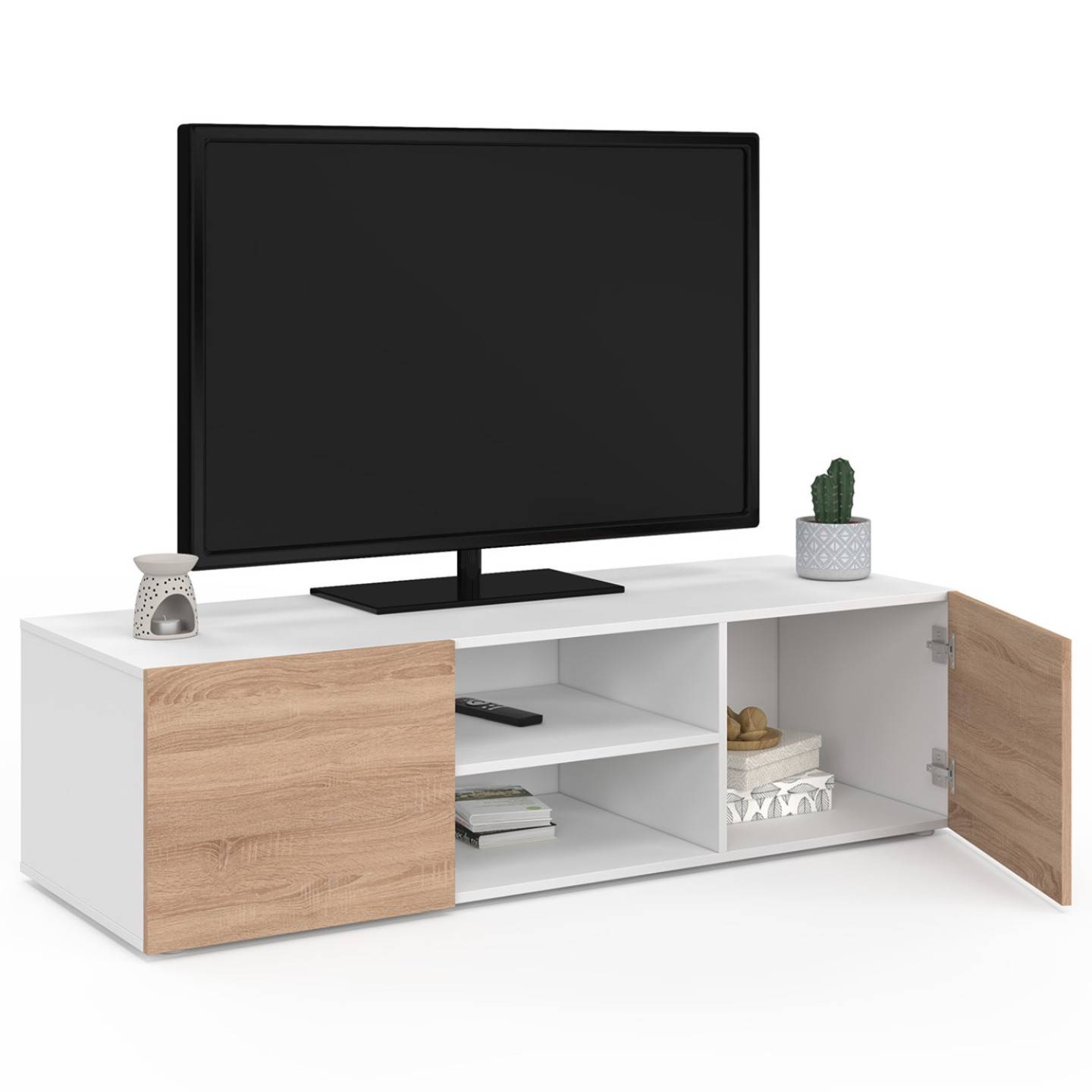 Meuble TV 113 cm ELI blanc portes façon hêtre - Image 4