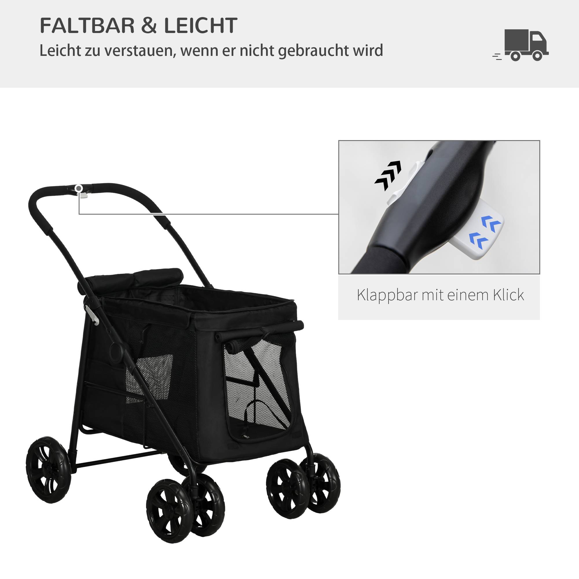 Chariot chien coussin 3 poches latérales pliable 102 x 62 x 105 cm noir - Image 7