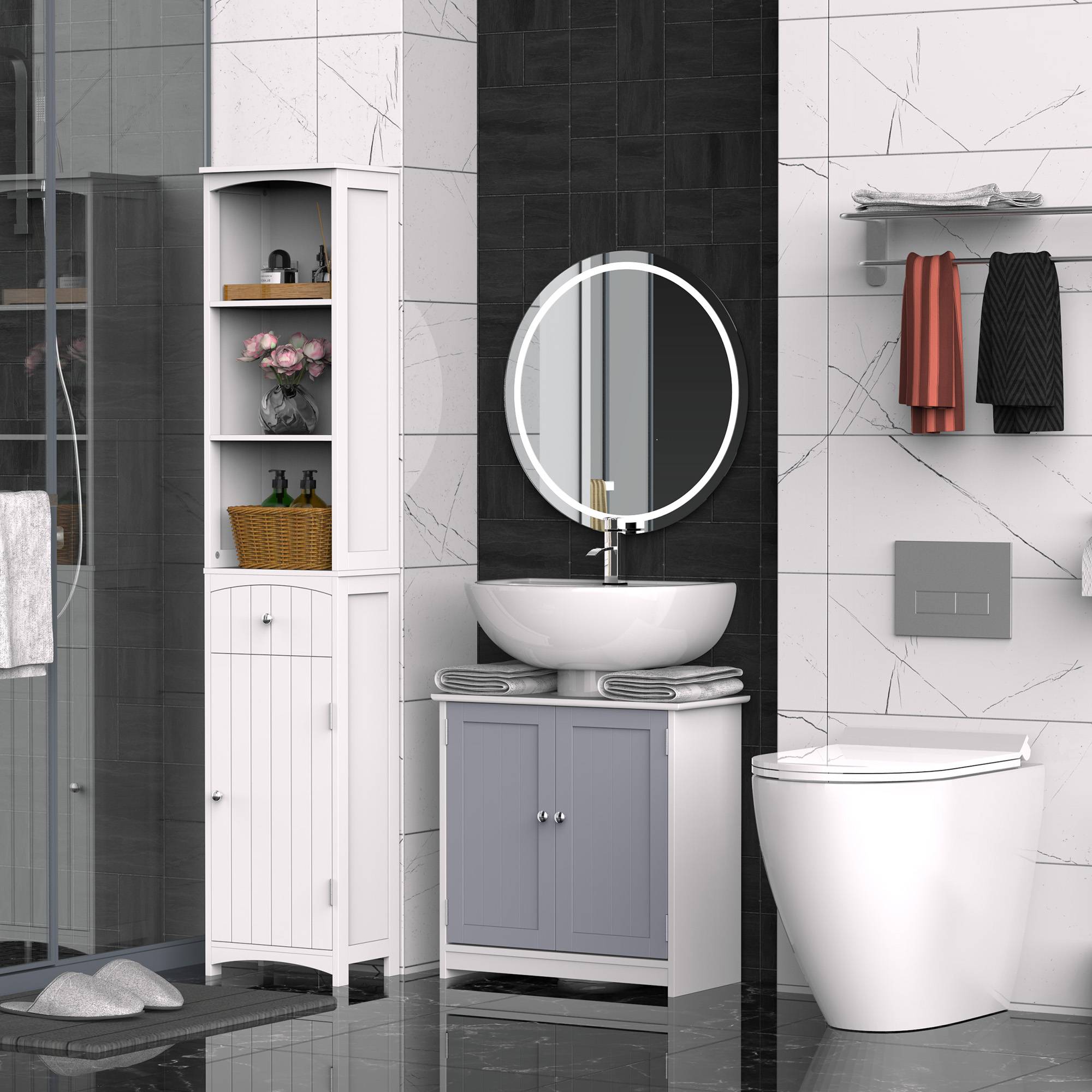 Sans Marque - Meuble salle bain sous lavabo meuble sous-vasque placard 2 portes étagère 60x30x60 cm bois gris blanc - Image 3