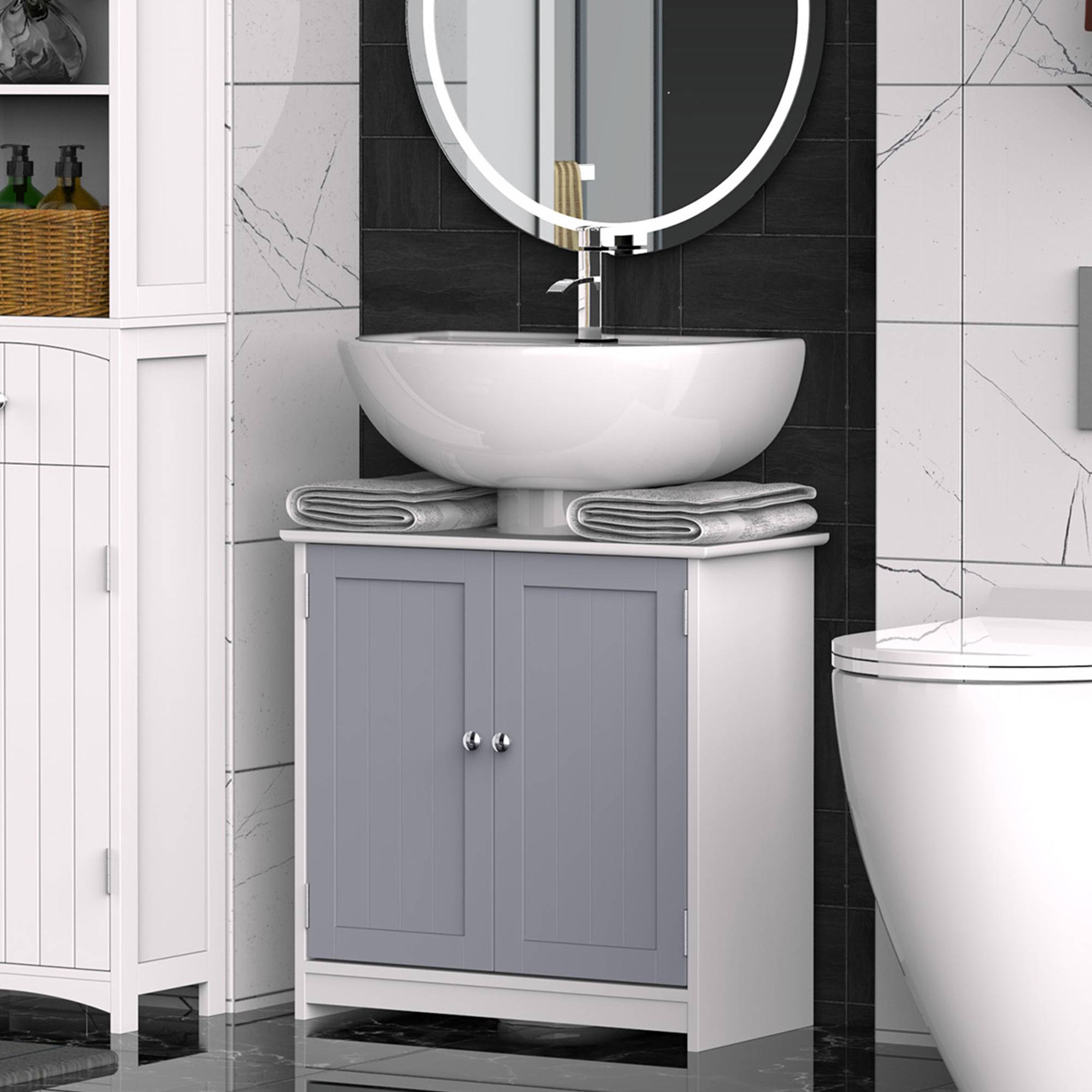 Sans Marque - Meuble salle bain sous lavabo meuble sous-vasque placard 2 portes étagère 60x30x60 cm bois gris blanc - Image 4