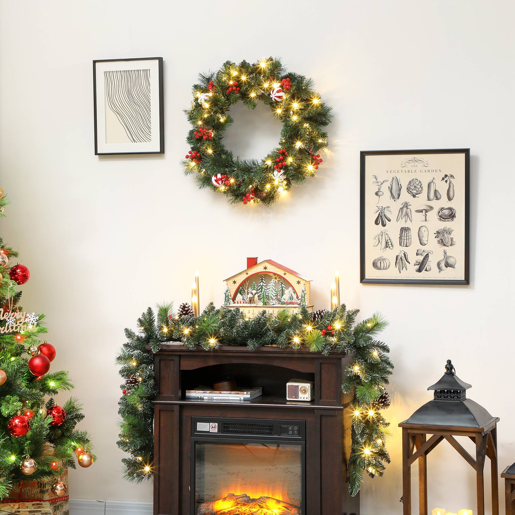 Couronne de Noël lumineuse 60 cm avec 50 LED, minuterie, 146 pointes, pommes de pin, baies, boules décoratives, vert - Image 3