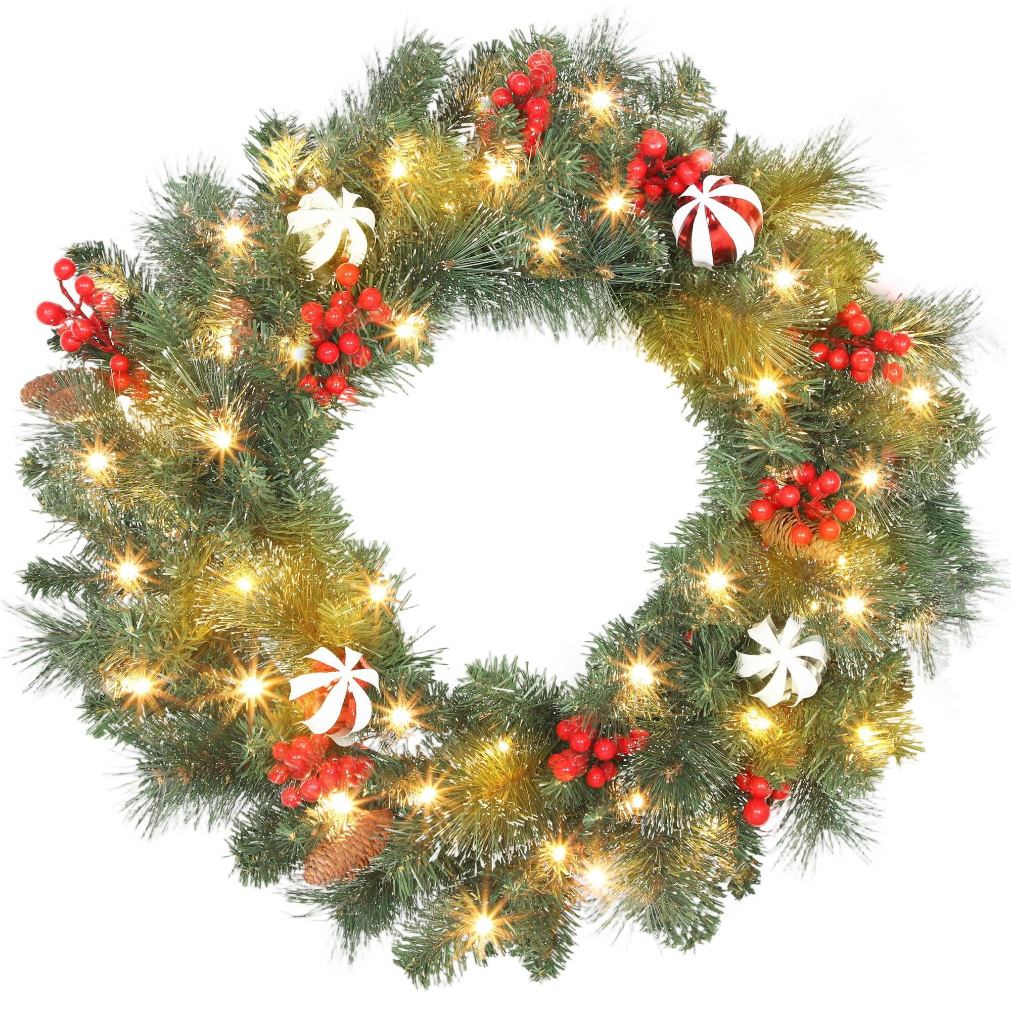 Couronne de Noël lumineuse 60 cm avec 50 LED, minuterie, 146 pointes, pommes de pin, baies, boules décoratives, vert - Image 1