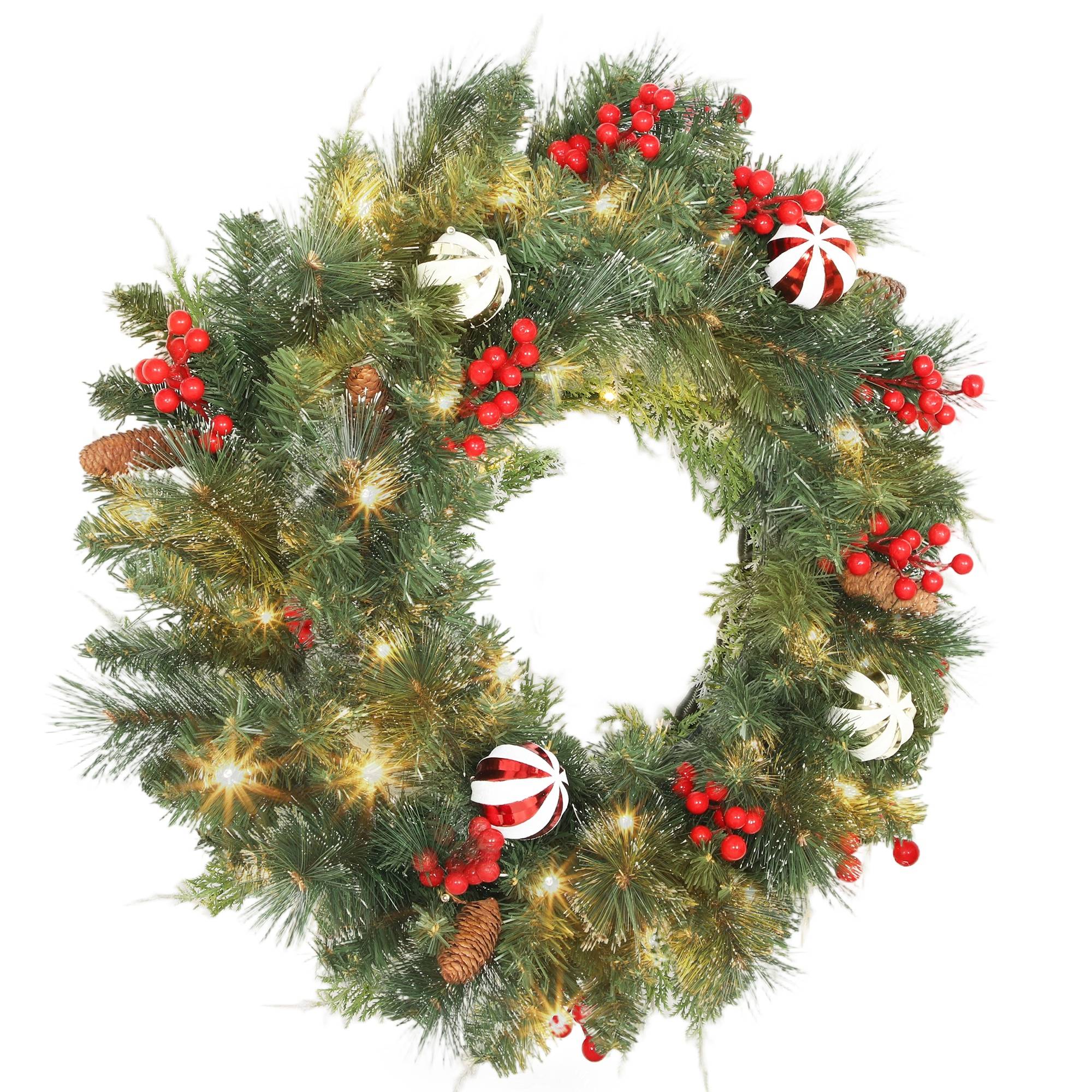 Couronne de Noël lumineuse 60 cm avec 50 LED, minuterie, 146 pointes, pommes de pin, baies, boules décoratives, vert - Image 2