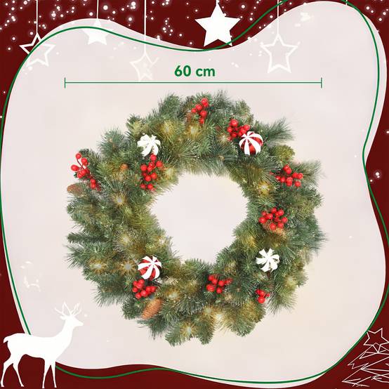 Couronne de Noël lumineuse 60 cm avec 50 LED, minuterie, 146 pointes, pommes de pin, baies, boules décoratives, vert - Image 5