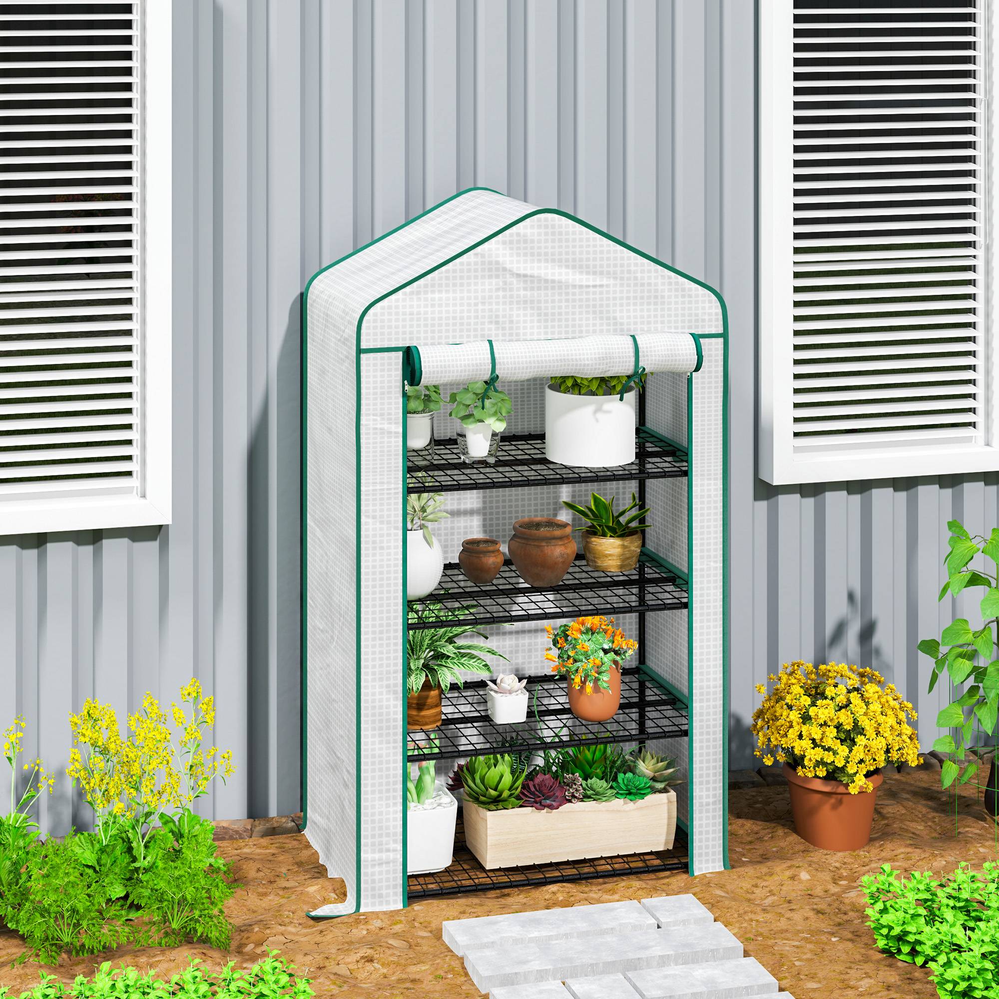Serre de jardin balcon étagère serre 4 niveaux 90 x 49 x 160 cm acier galvanisé bâche amovible PE haute densité blanc - Image 3