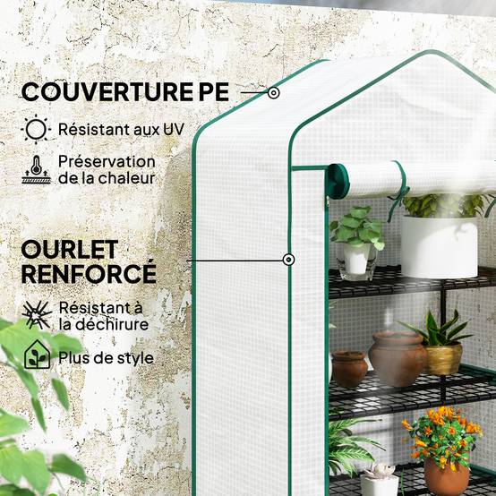 Serre de jardin balcon étagère serre 4 niveaux 90 x 49 x 160 cm acier galvanisé bâche amovible PE haute densité blanc - Image 6