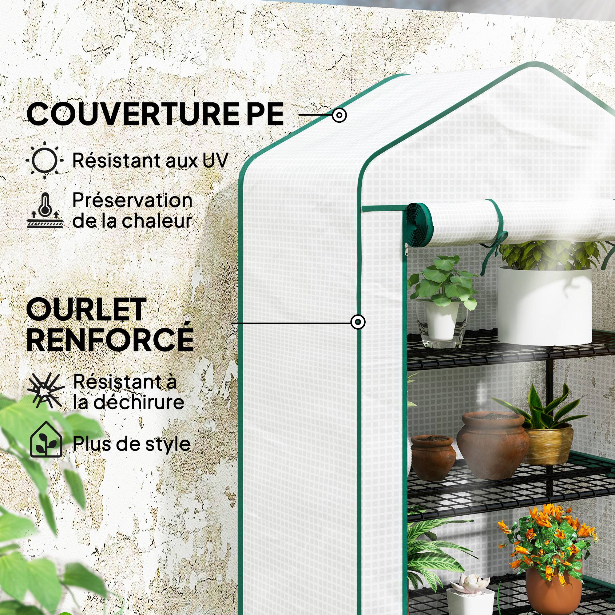Serre de jardin balcon étagère serre 4 niveaux 90 x 49 x 160 cm acier galvanisé bâche amovible PE haute densité blanc - Image 6