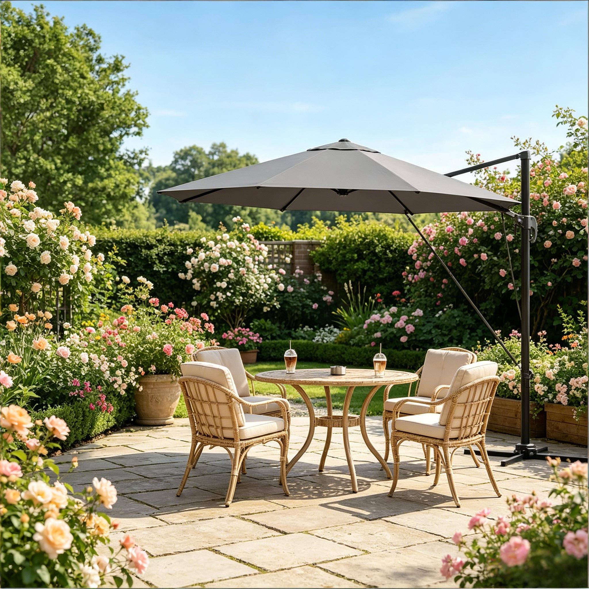 ComfortXL - Parasol déporté rond 3m polyester pour terrasse jardin orientable 360° base en croix Gris Foncé - ComfortXL Outdoor Living - Image 2