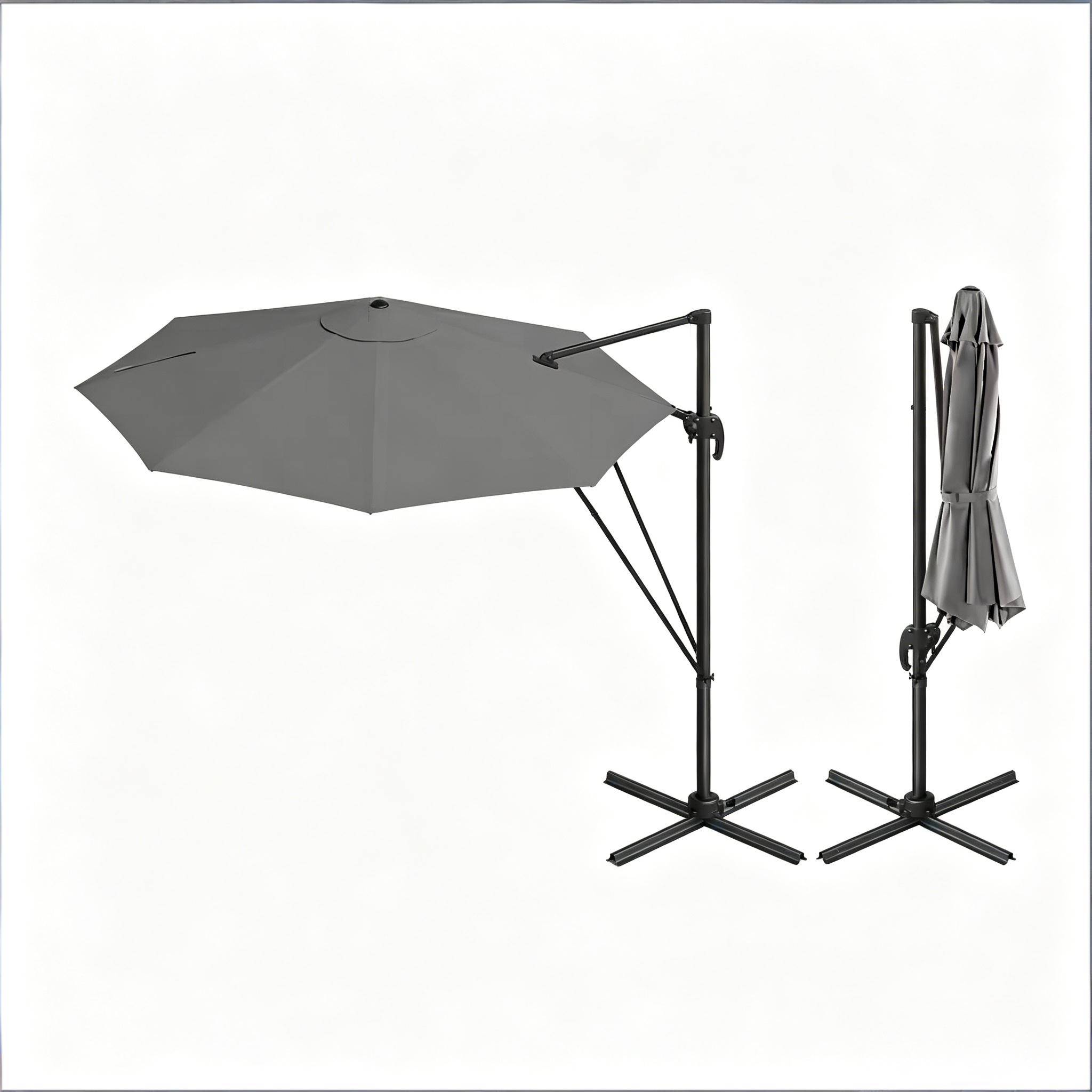 ComfortXL - Parasol déporté rond 3m polyester pour terrasse jardin orientable 360° base en croix Gris Foncé - ComfortXL Outdoor Living - Image 5