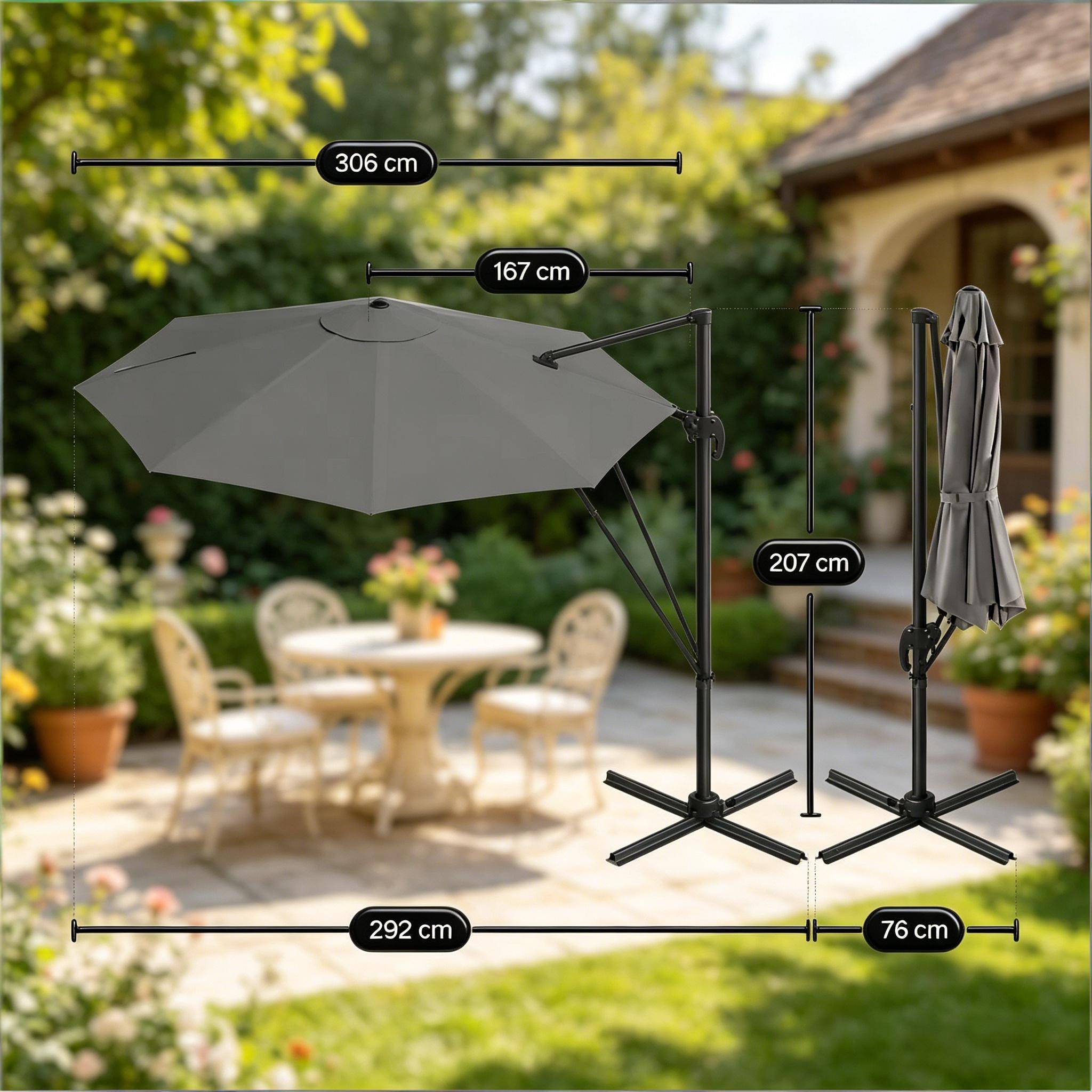 ComfortXL - Parasol déporté rond 3m polyester pour terrasse jardin orientable 360° base en croix Gris Foncé - ComfortXL Outdoor Living - Image 6