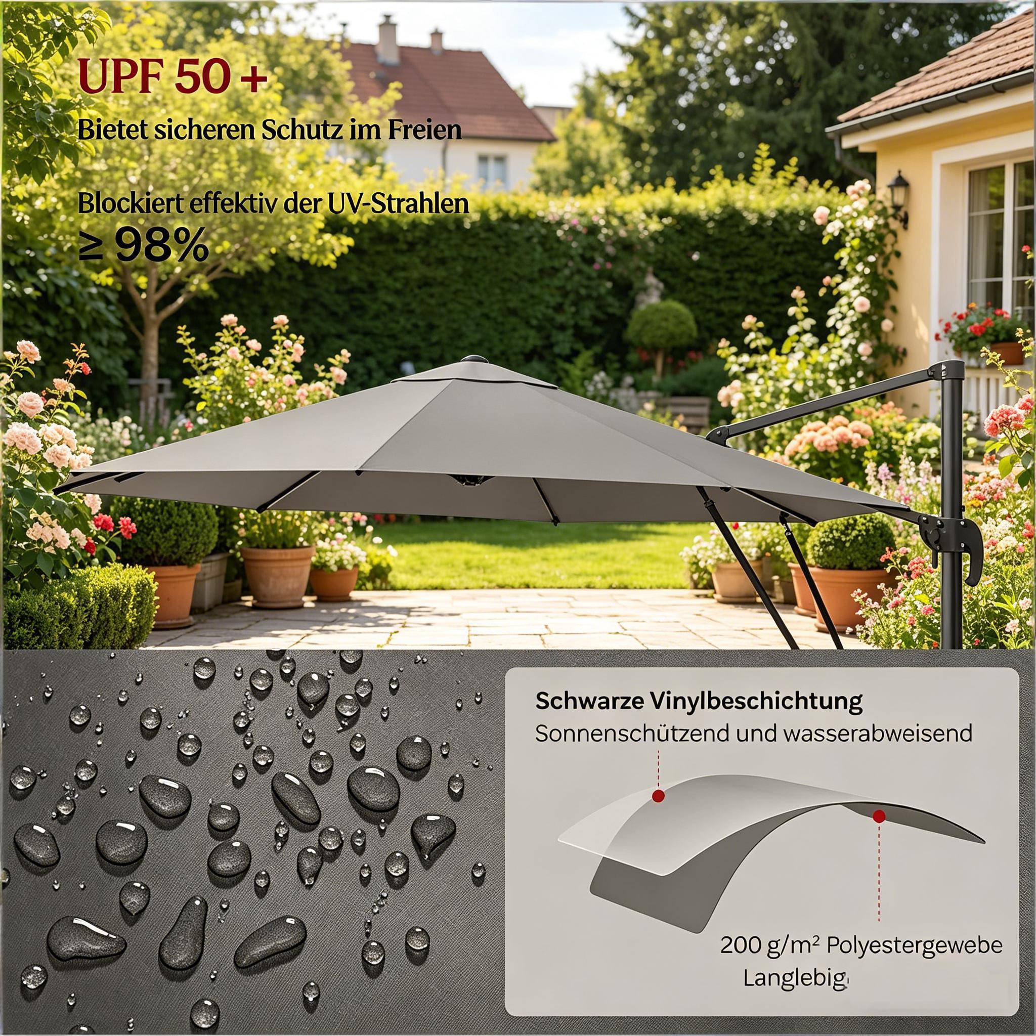 ComfortXL - Parasol déporté rond 3m polyester pour terrasse jardin orientable 360° base en croix Gris Foncé - ComfortXL Outdoor Living - Image 7