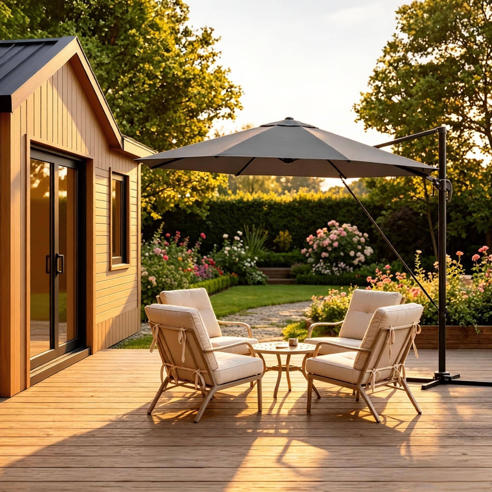 ComfortXL - Parasol déporté rond 3m polyester pour terrasse jardin orientable 360° base en croix Gris Foncé - ComfortXL Outdoor Living - Image 4