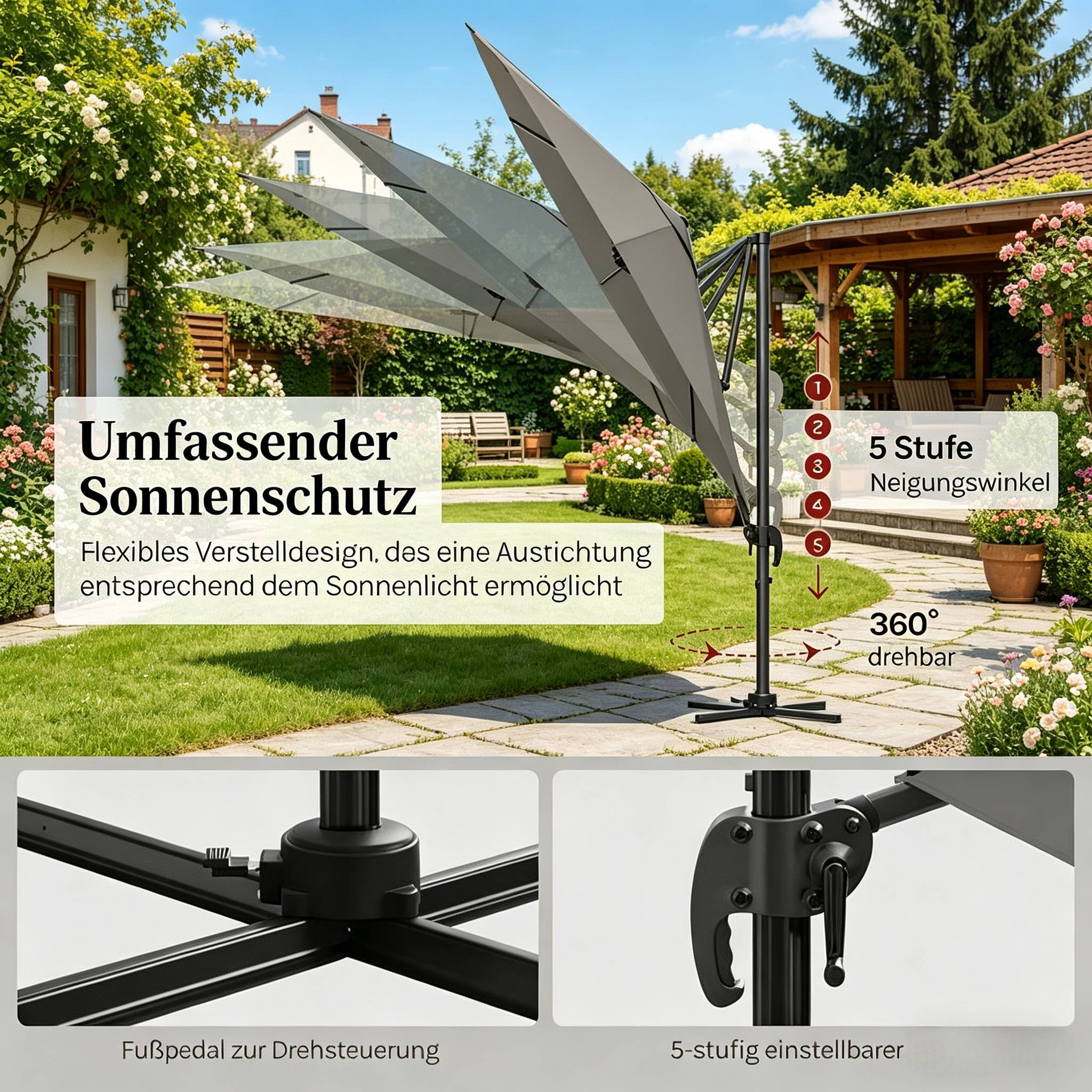 ComfortXL - Parasol déporté rond 3m polyester pour terrasse jardin orientable 360° base en croix Gris Foncé - ComfortXL Outdoor Living - Image 3