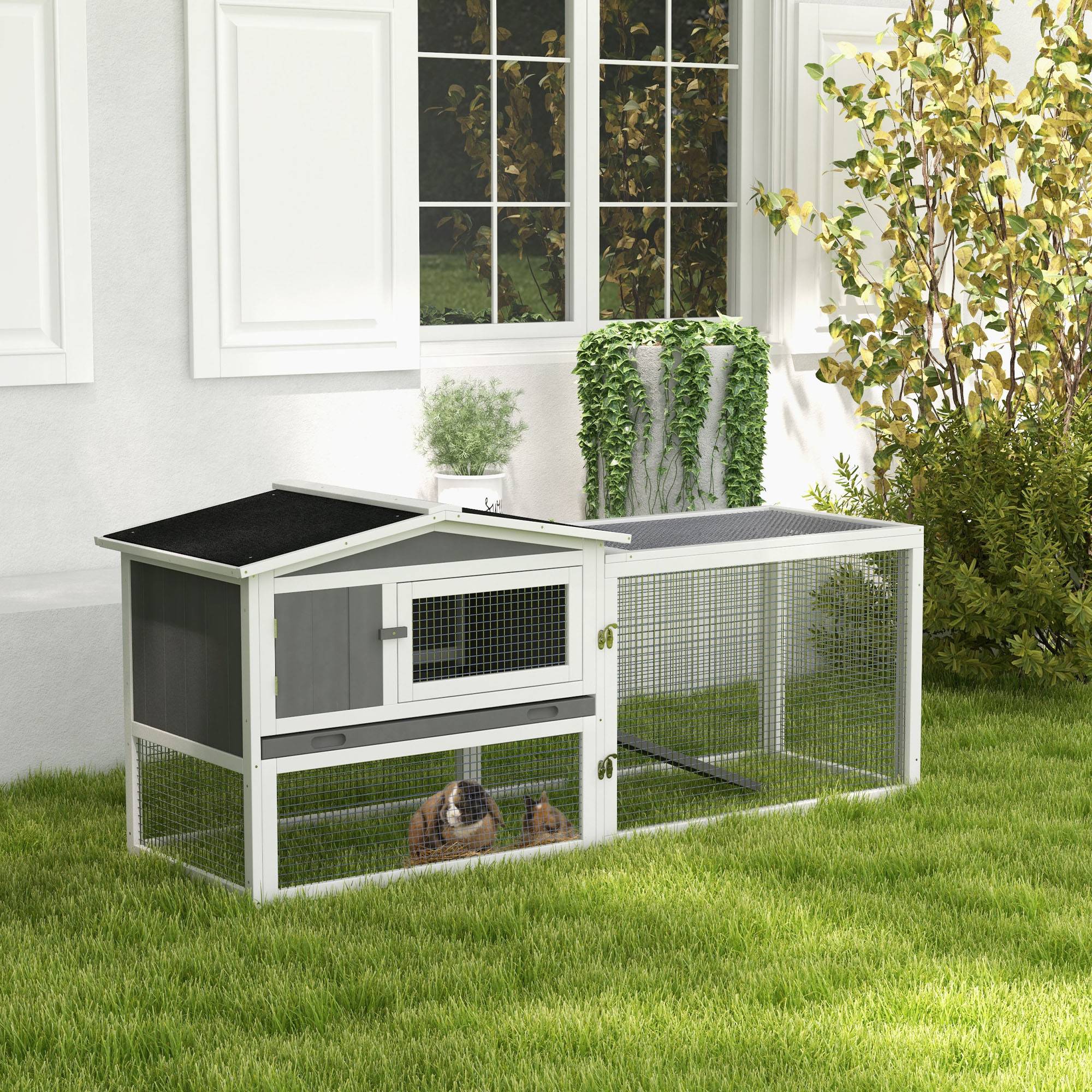 Clapier lapin extérieur bois massif 2 niveaux enclos amovible 156x58x68cm gris - ComfortXL Outdoor Living - Image 4