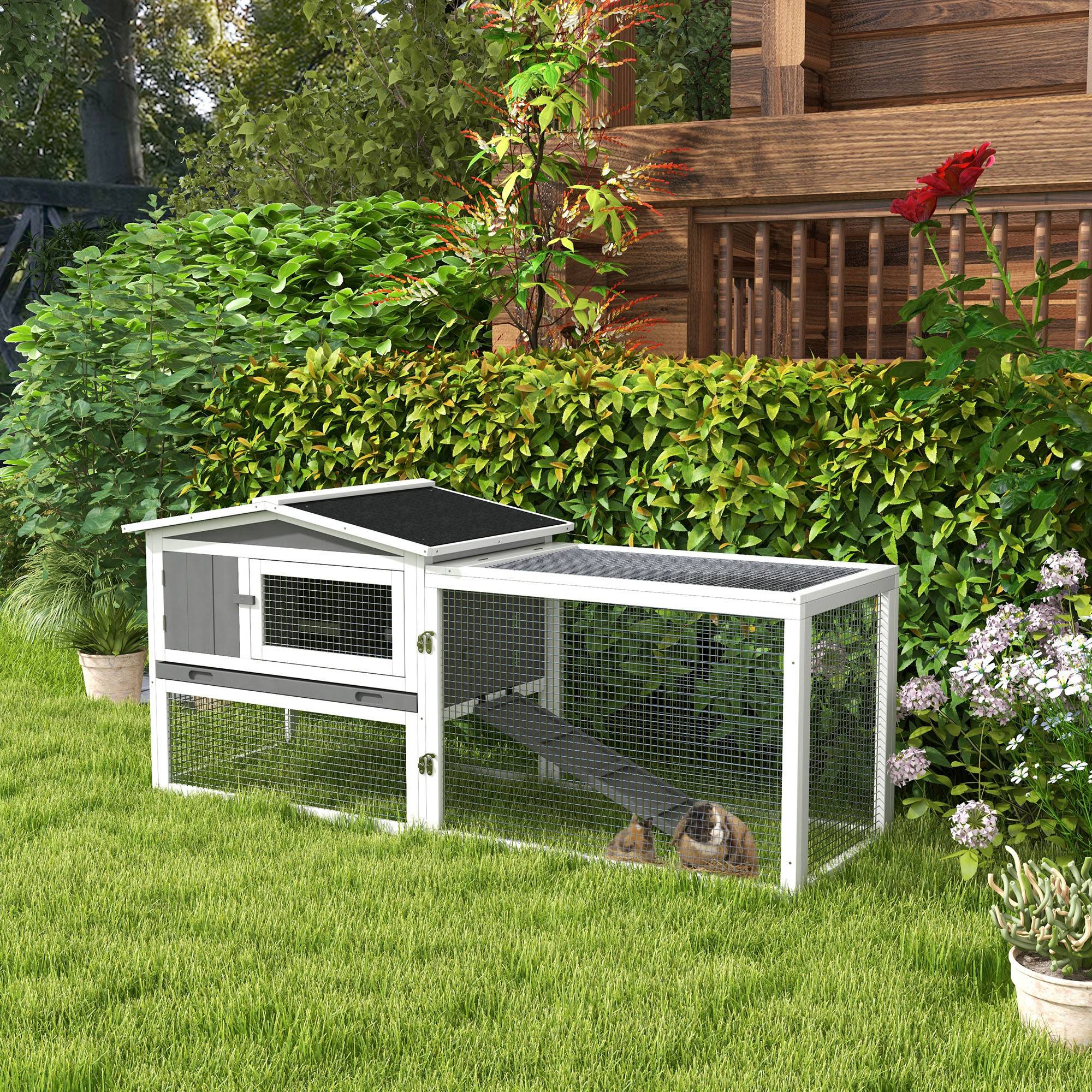 Clapier lapin extérieur bois massif 2 niveaux enclos amovible 156x58x68cm gris - ComfortXL Outdoor Living - Image 3