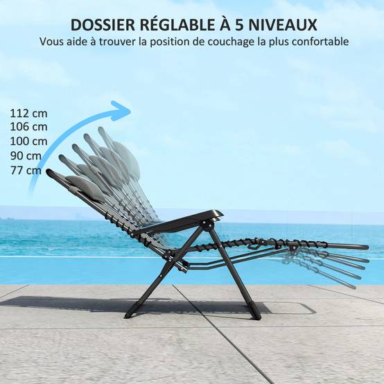 Sans Marque - Lot de 2 bain de soleil, chaise longue pliante inclinable avec appuie-tête en textilène, 90 x 65 x 112 cm, gris - Image 6