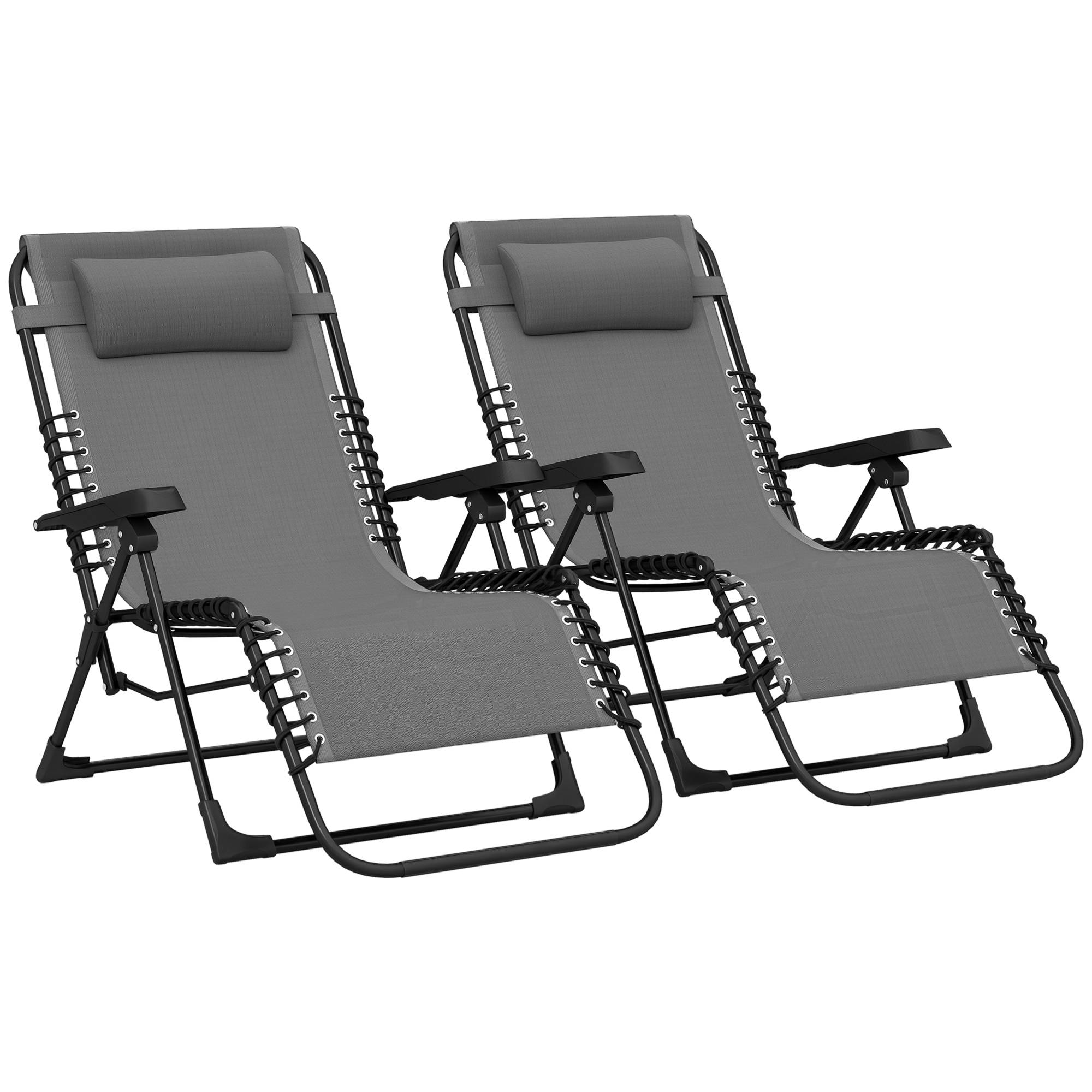 Sans Marque - Lot de 2 bain de soleil, chaise longue pliante inclinable avec appuie-tête en textilène, 90 x 65 x 112 cm, gris - Image 1