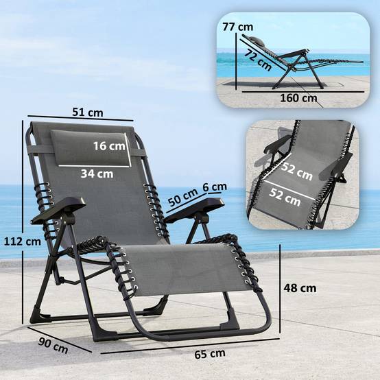 Sans Marque - Lot de 2 bain de soleil, chaise longue pliante inclinable avec appuie-tête en textilène, 90 x 65 x 112 cm, gris - Image 5