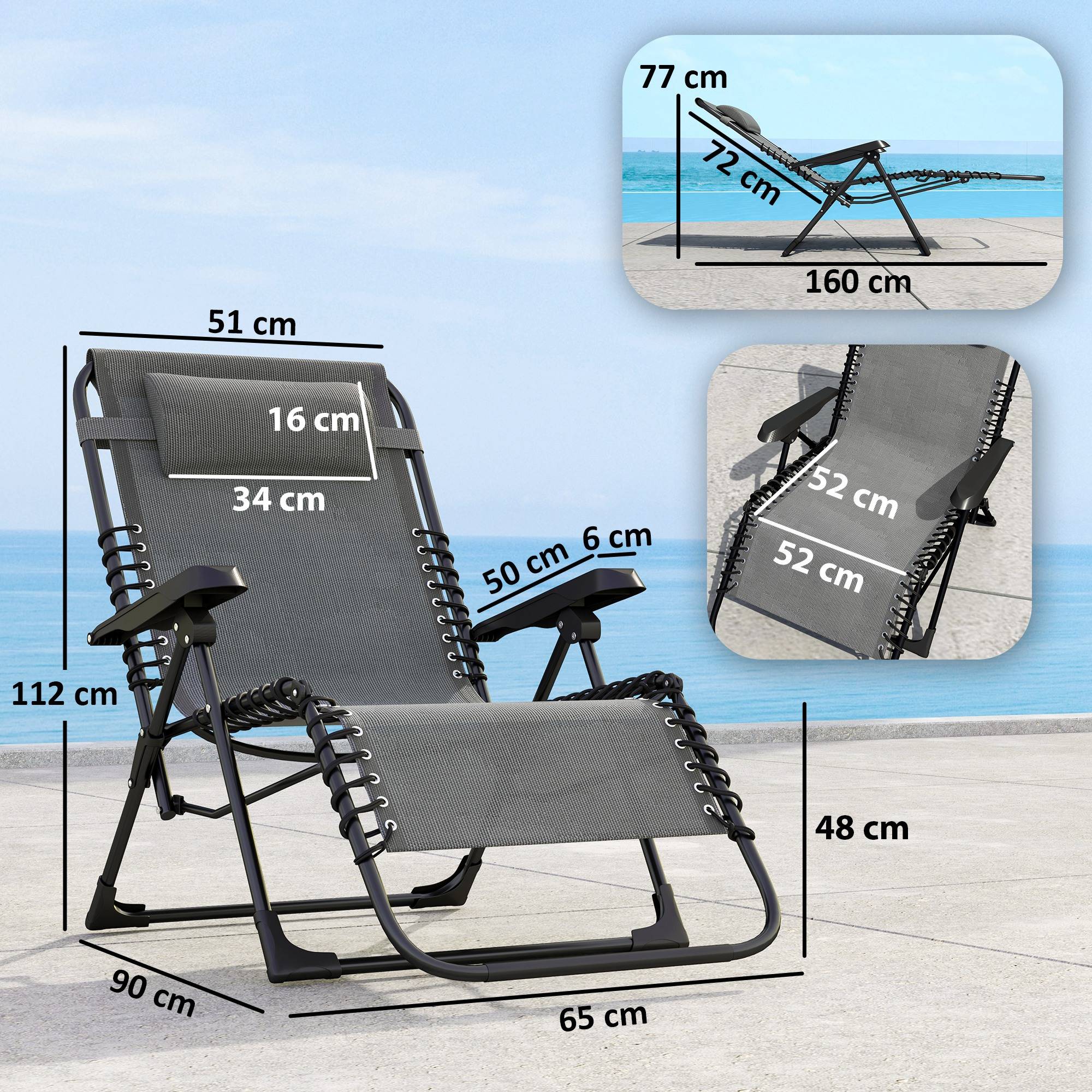 Sans Marque - Lot de 2 bain de soleil, chaise longue pliante inclinable avec appuie-tête en textilène, 90 x 65 x 112 cm, gris - Image 5