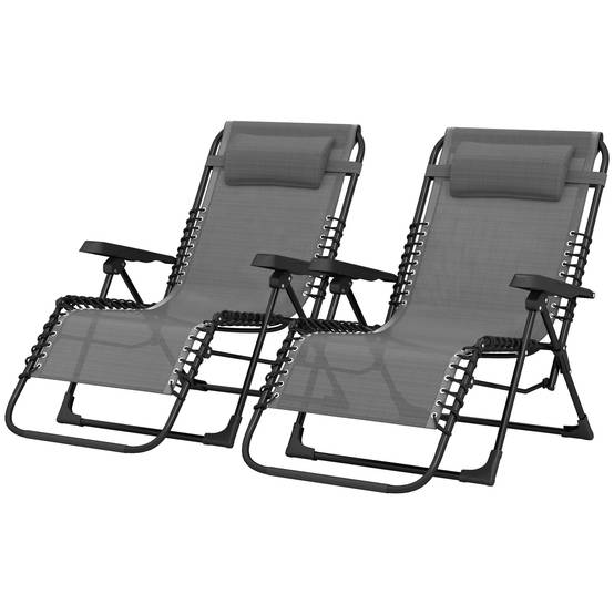 Sans Marque - Lot de 2 bain de soleil, chaise longue pliante inclinable avec appuie-tête en textilène, 90 x 65 x 112 cm, gris - Image 2