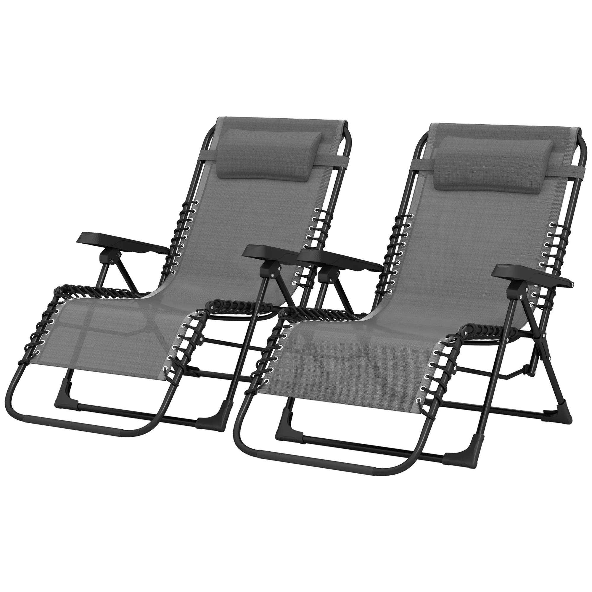 Sans Marque - Lot de 2 bain de soleil, chaise longue pliante inclinable avec appuie-tête en textilène, 90 x 65 x 112 cm, gris - Image 2