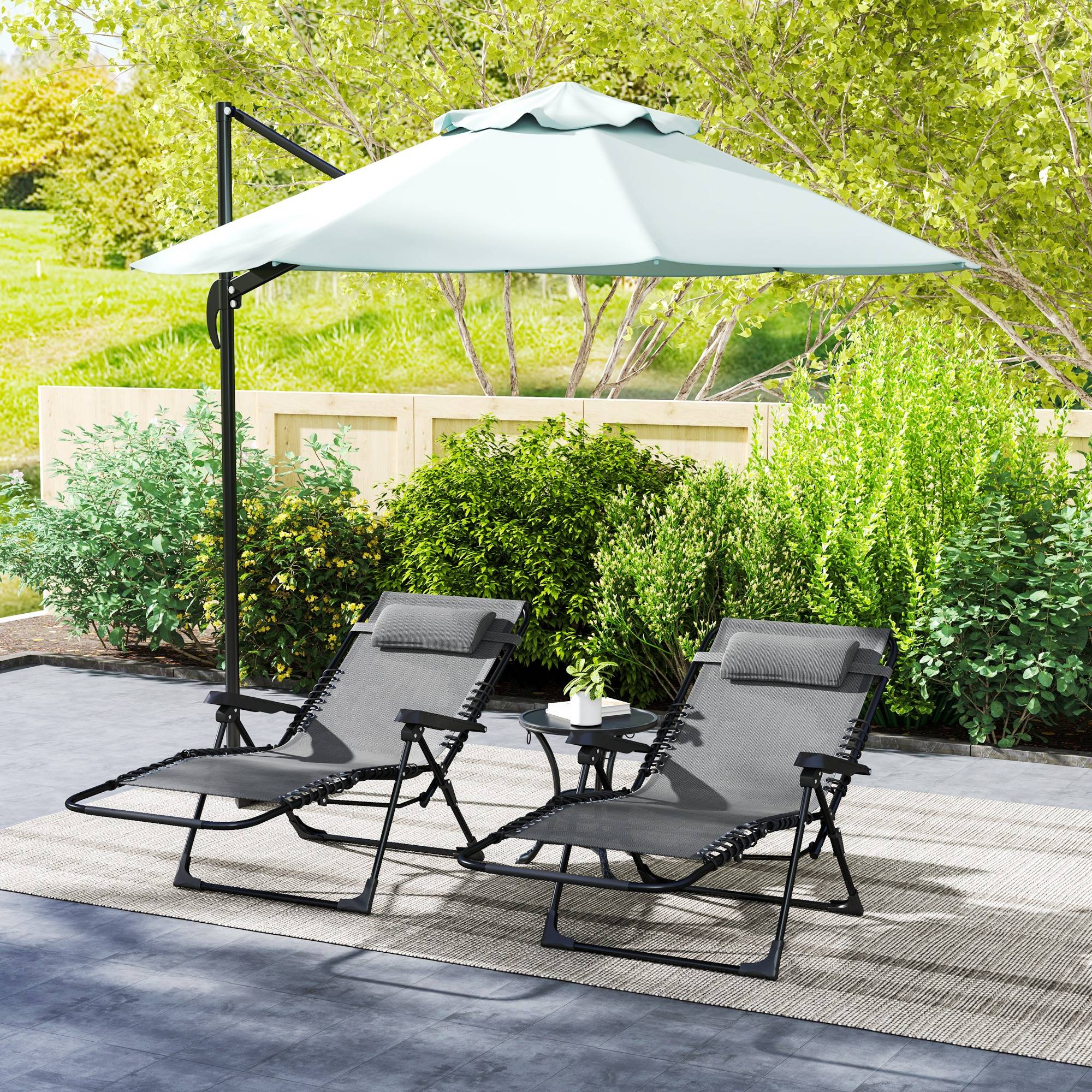 Sans Marque - Lot de 2 bain de soleil, chaise longue pliante inclinable avec appuie-tête en textilène, 90 x 65 x 112 cm, gris - Image 3