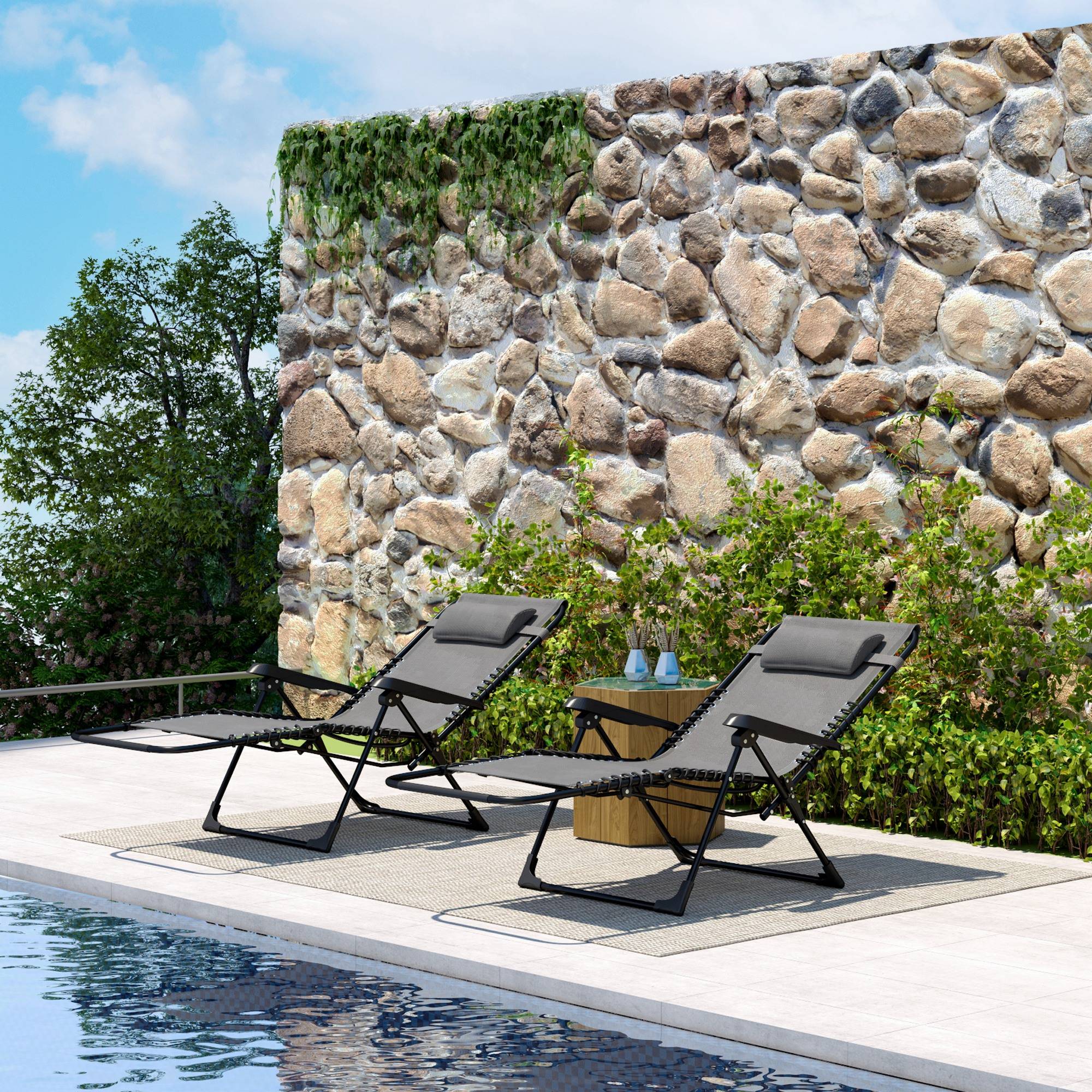 Sans Marque - Lot de 2 bain de soleil, chaise longue pliante inclinable avec appuie-tête en textilène, 90 x 65 x 112 cm, gris - Image 4