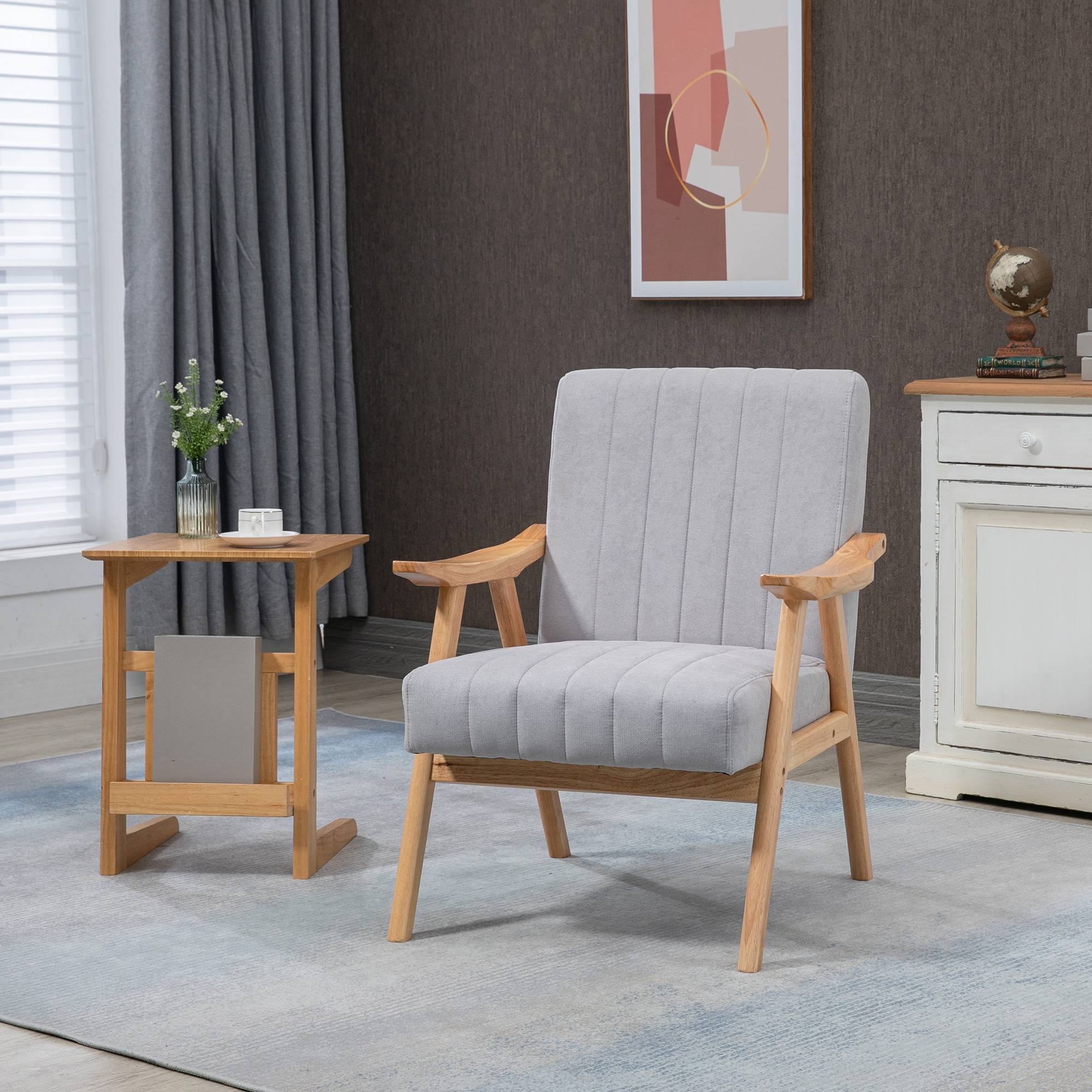 Fauteuil de style scandinave, aspect velours, bois massif ; 68 cm x 74 cm x 82 cm, naturel et gris - Image 4
