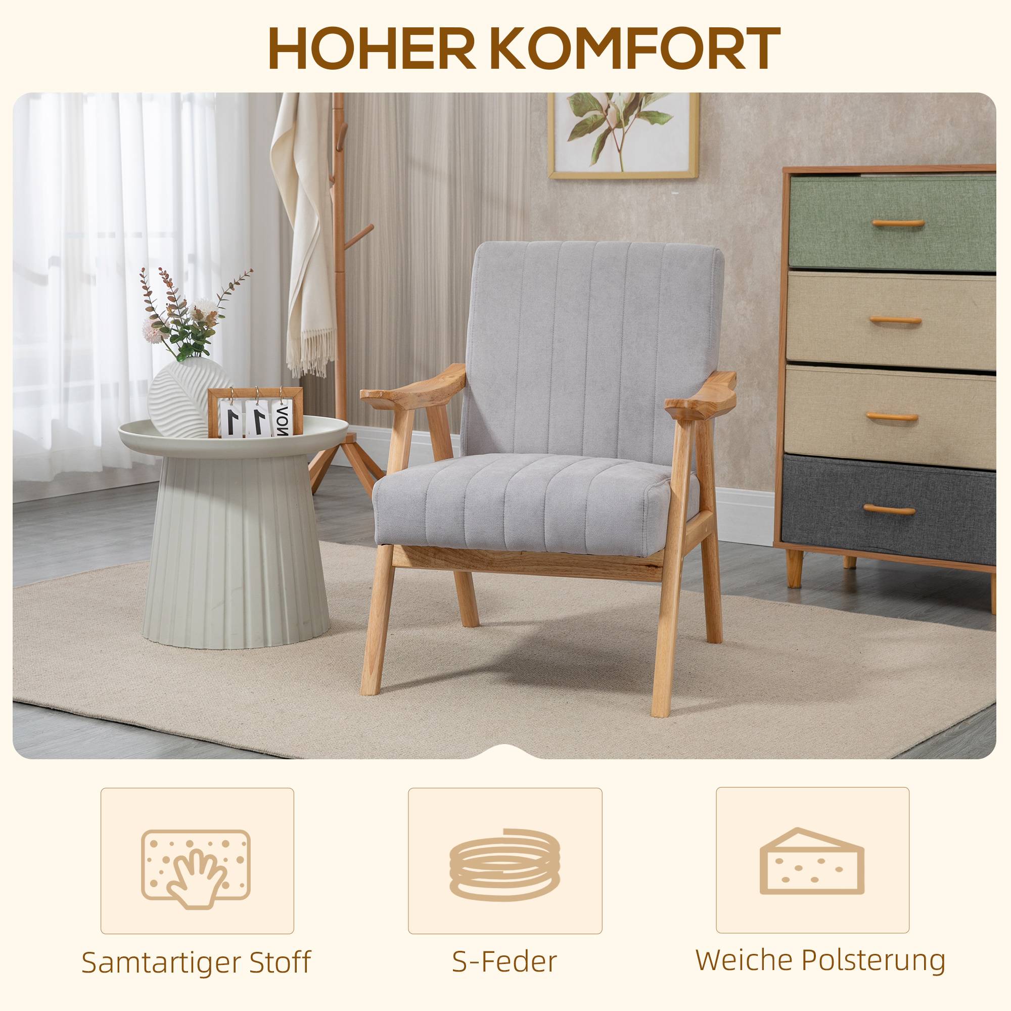 Fauteuil de style scandinave, aspect velours, bois massif ; 68 cm x 74 cm x 82 cm, naturel et gris - Image 6
