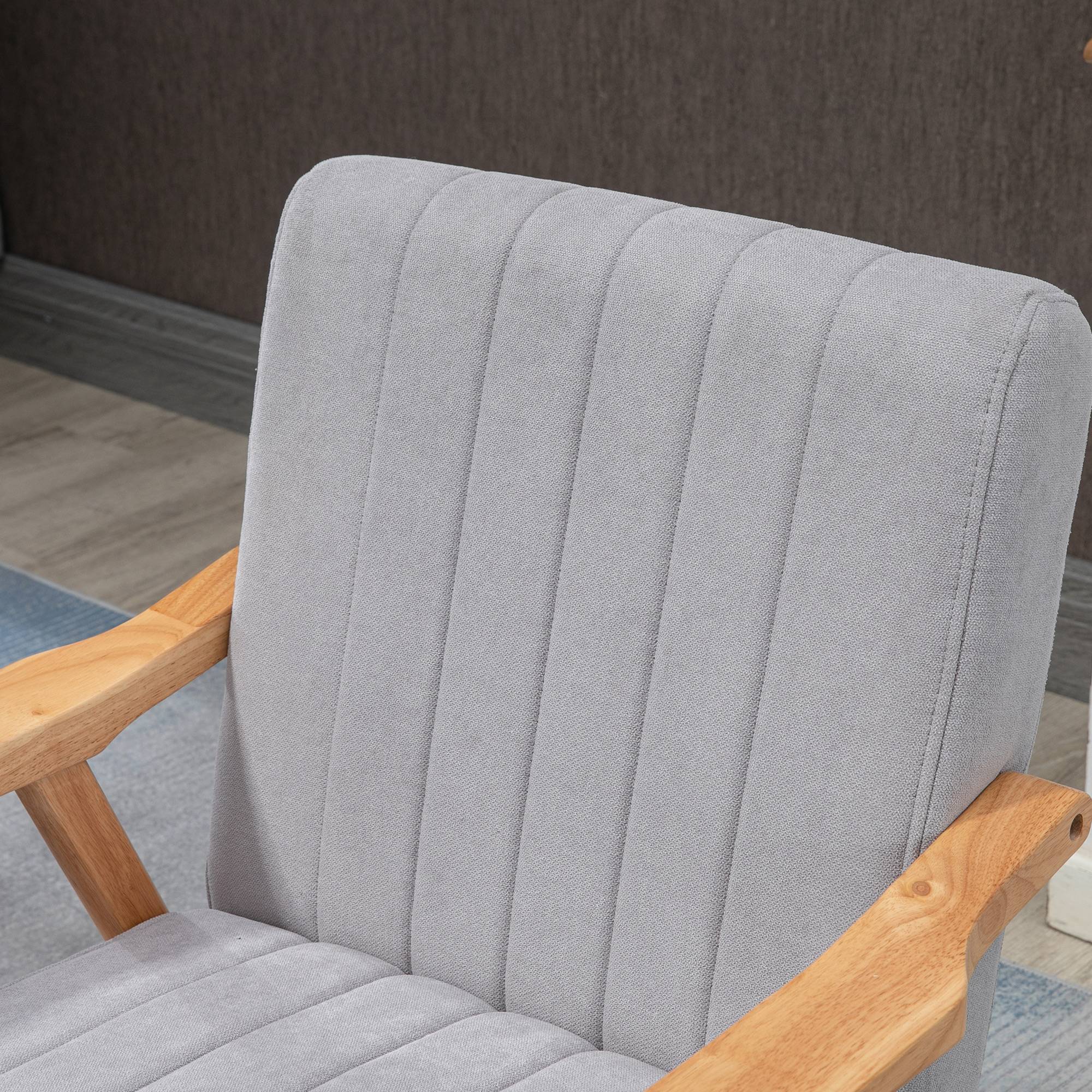Fauteuil de style scandinave, aspect velours, bois massif ; 68 cm x 74 cm x 82 cm, naturel et gris - Image 8