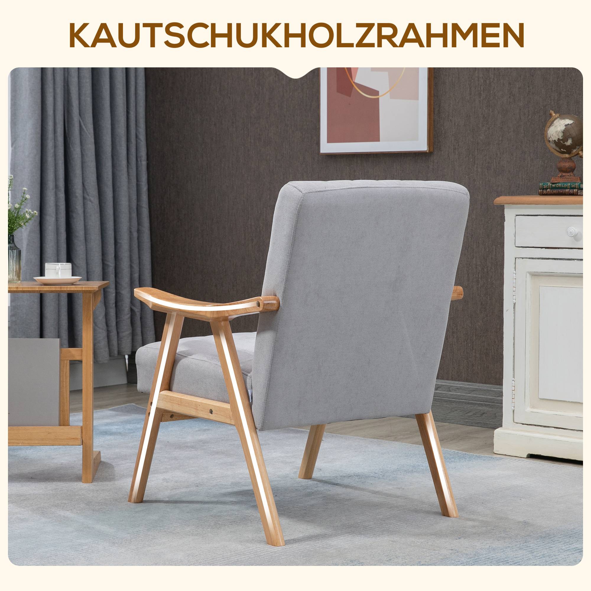 Fauteuil de style scandinave, aspect velours, bois massif ; 68 cm x 74 cm x 82 cm, naturel et gris - Image 7